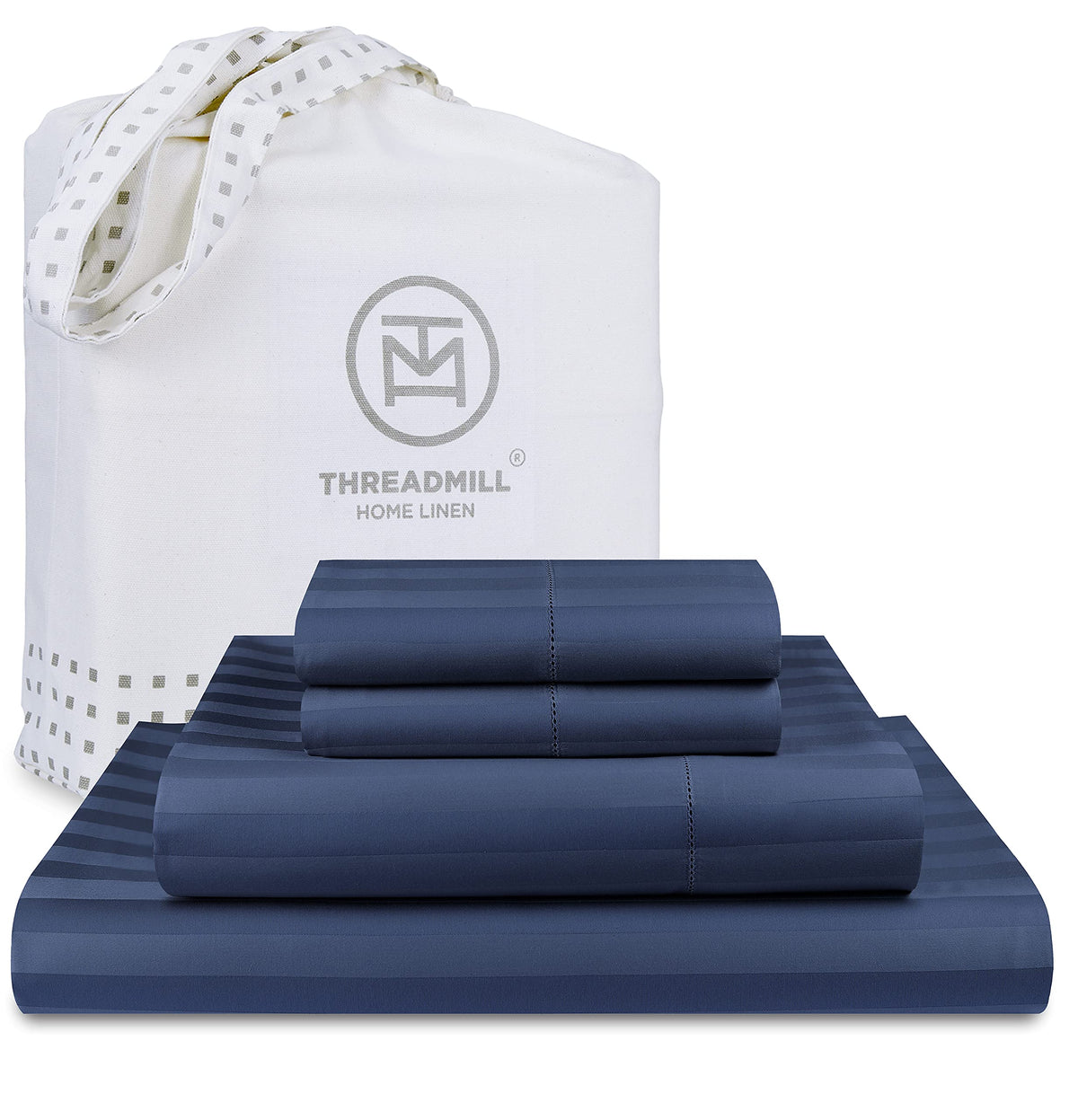 Threadmill 500 Thread Count Full-Size Damask Stripe, 4 Pc Luxury Cotton Sheet Set, Silky Smooth Folkstone Blue Sheets with 16'' 