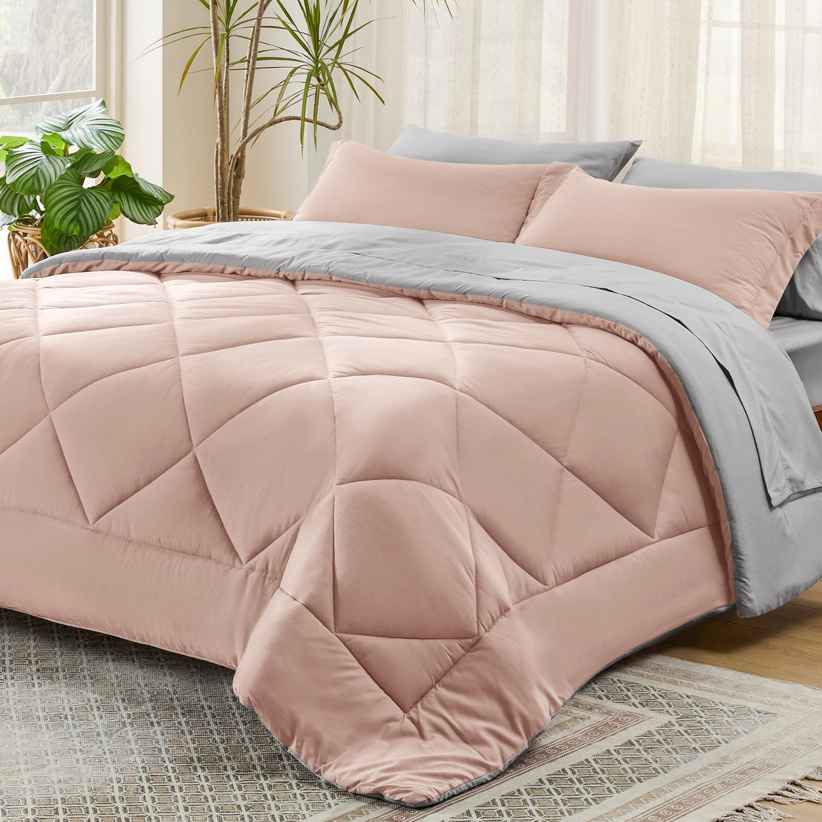 Bedsure Blush Pink Queen Comforter Set - 7 Pieces Reversible Queen Bed In A Bag Queen Bed Set With Comforters, Sheets, Pillowcas