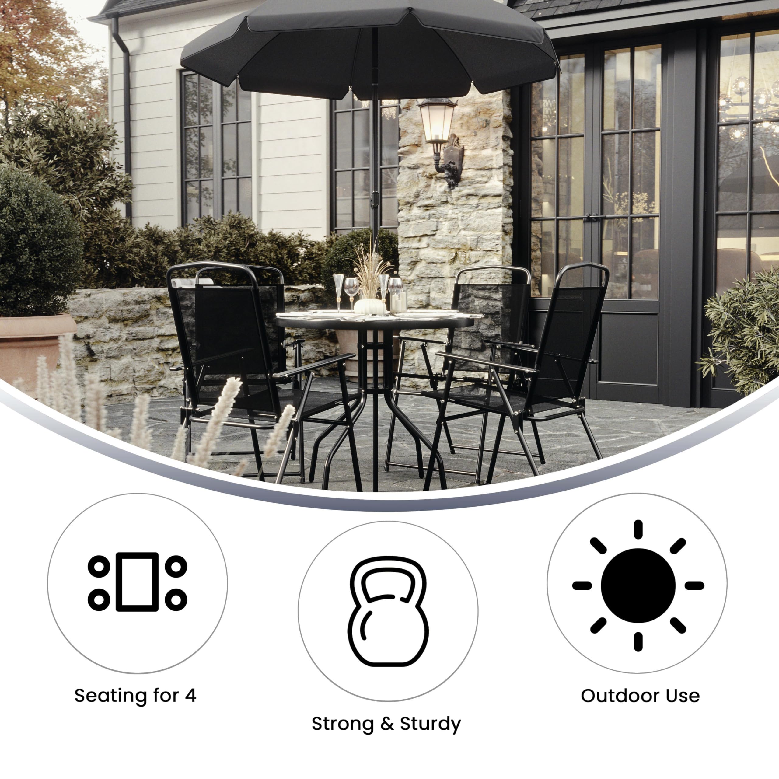 Flash Furniture Nantucket 6 Piece Patio Garden Table Set - Umbrella Table - Set of 4 Black Folding Chairs