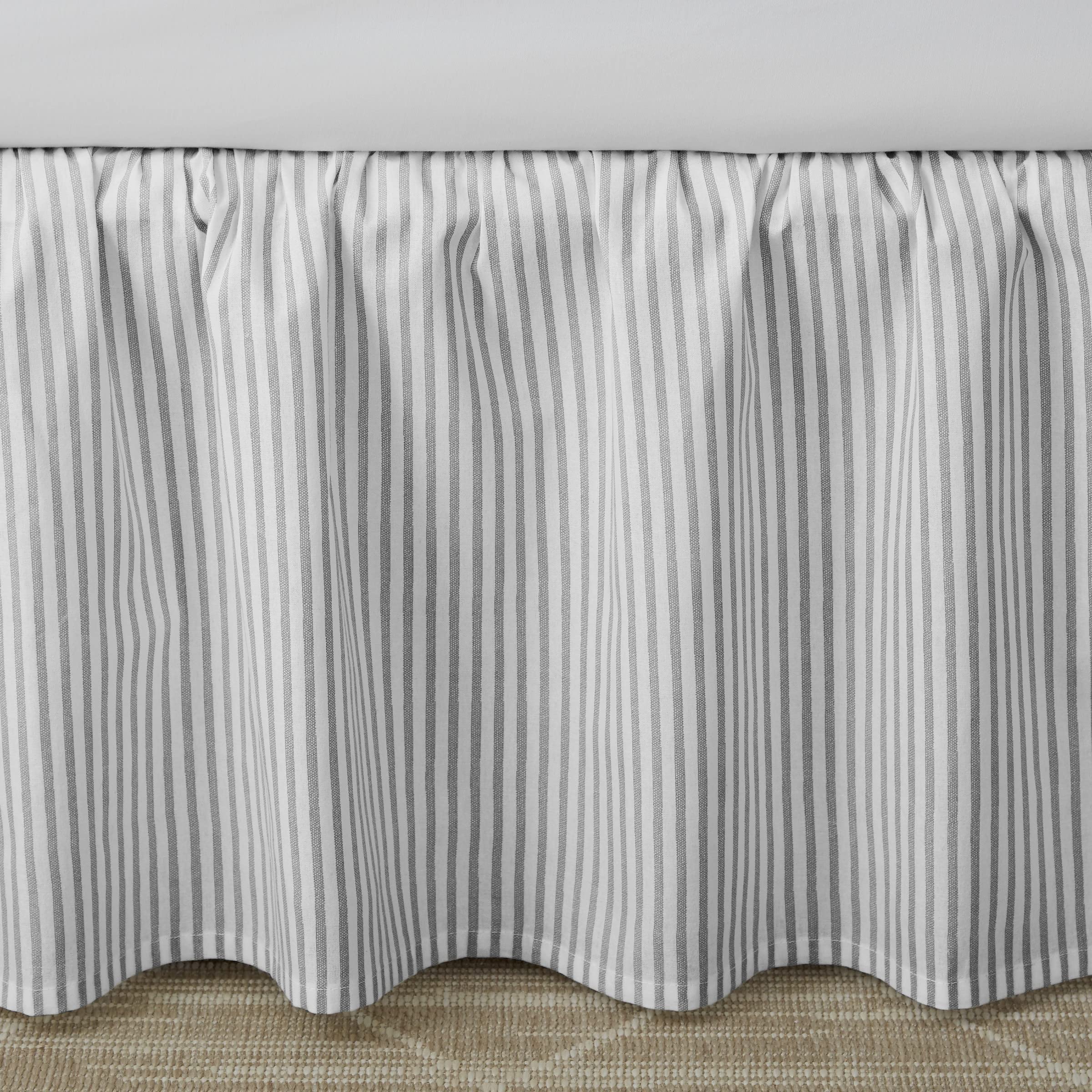 Laura Ashley Home - Cotton Ruffled Bedskirt, Lightweight & Classic Style (Ticking Stripe Grey, King)
