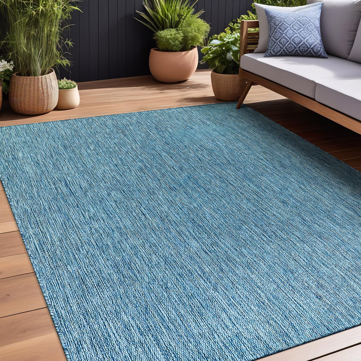 Beverly Rug Indoor Outdoor Rug 9X12, Washable Outside Carpet For Patio, Deck, Porch, Solid Modern Area Rug, Water Resistant, Aqu