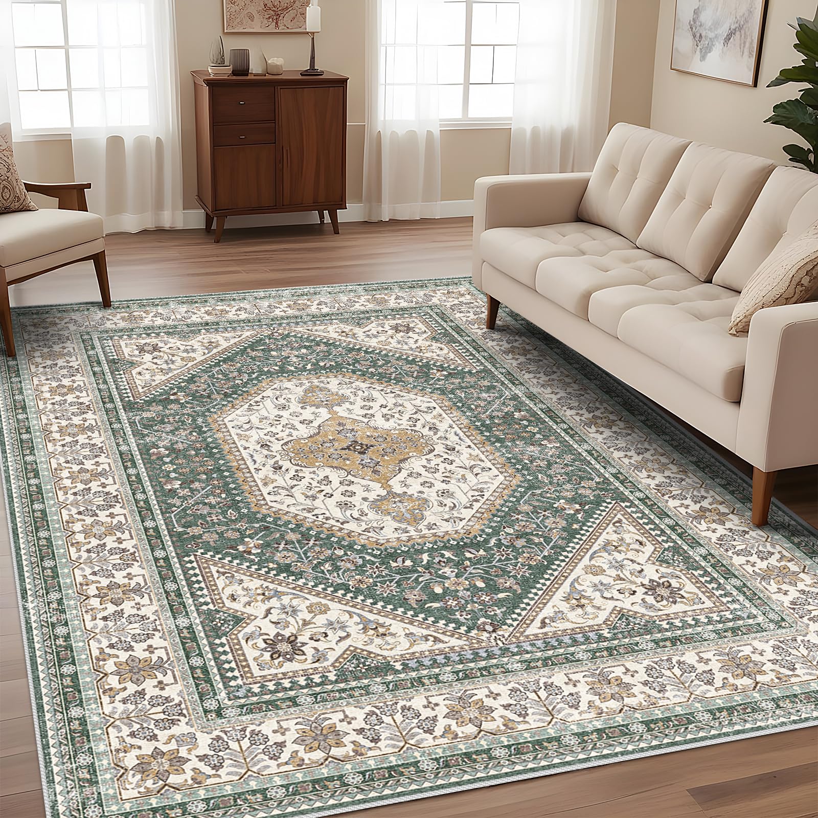 Puino 9x12 Washable Vintage Rug: Oriental Rugs for Living Room Non Slip Backing Stain Resistant Large Indoor Carpet for Bedroom 