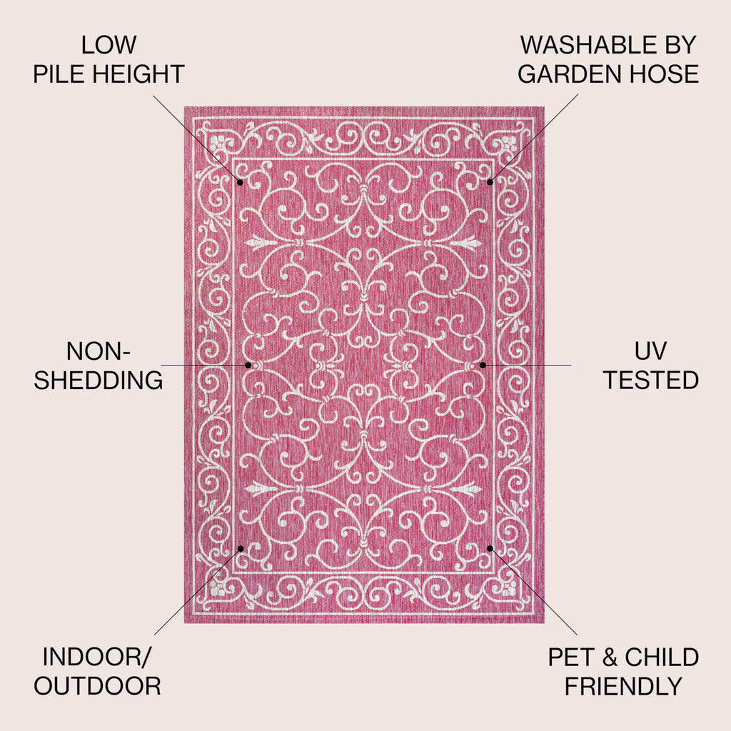 Jonathan Y Smb106J-9 Charleston Vintage Filigree Textured Weave Indoor Outdoor Area-Rug, Classic Traditional Easy-Cleaning,Bedroom,Kitchen,Backyard,Patio,Non Shedding, 9 X 12, Fuchsia/Light Gray