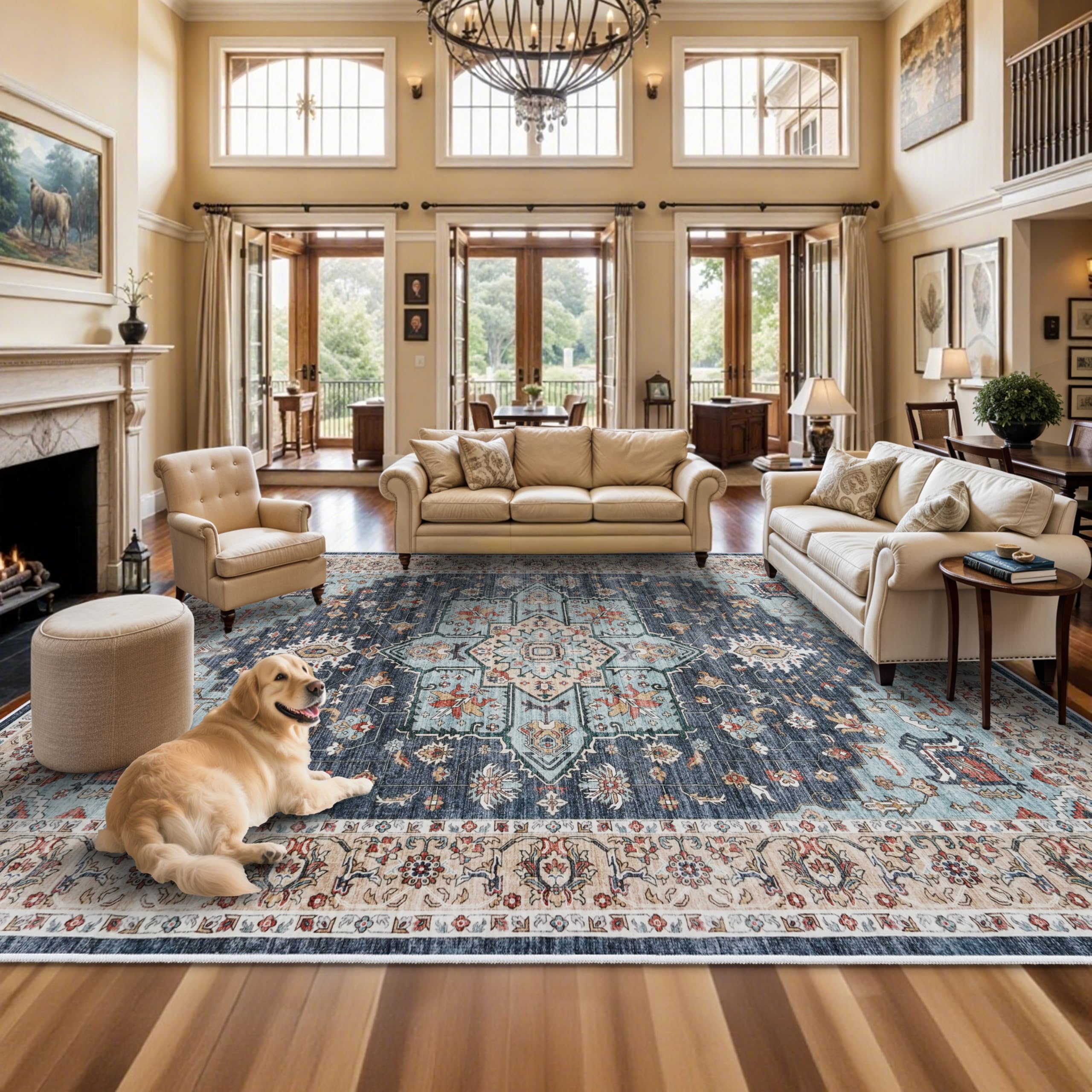 TOPRUUG Washable Oriental Area Rug - 12x15 Rugs for Living Room Soft Carpet for Bedroom Waterproof Floral Distressed Indoor Stai