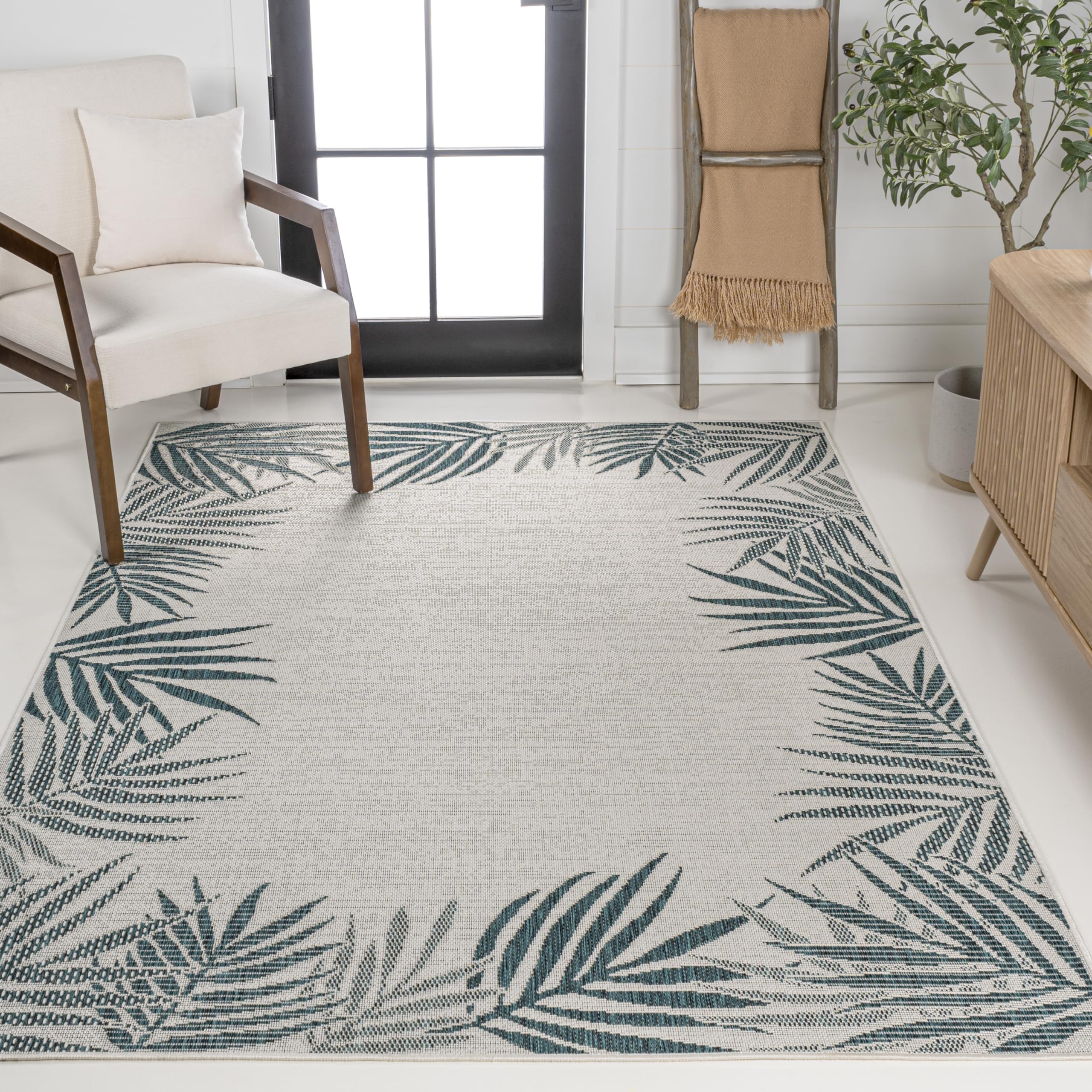 JONATHAN Y TSN207C-3 Isla Coastal Cottage Palm Frond Border Blue/Cream 3 ft. x 5 ft. Indoor/Outdoor Area Rug Beach, Traditional,