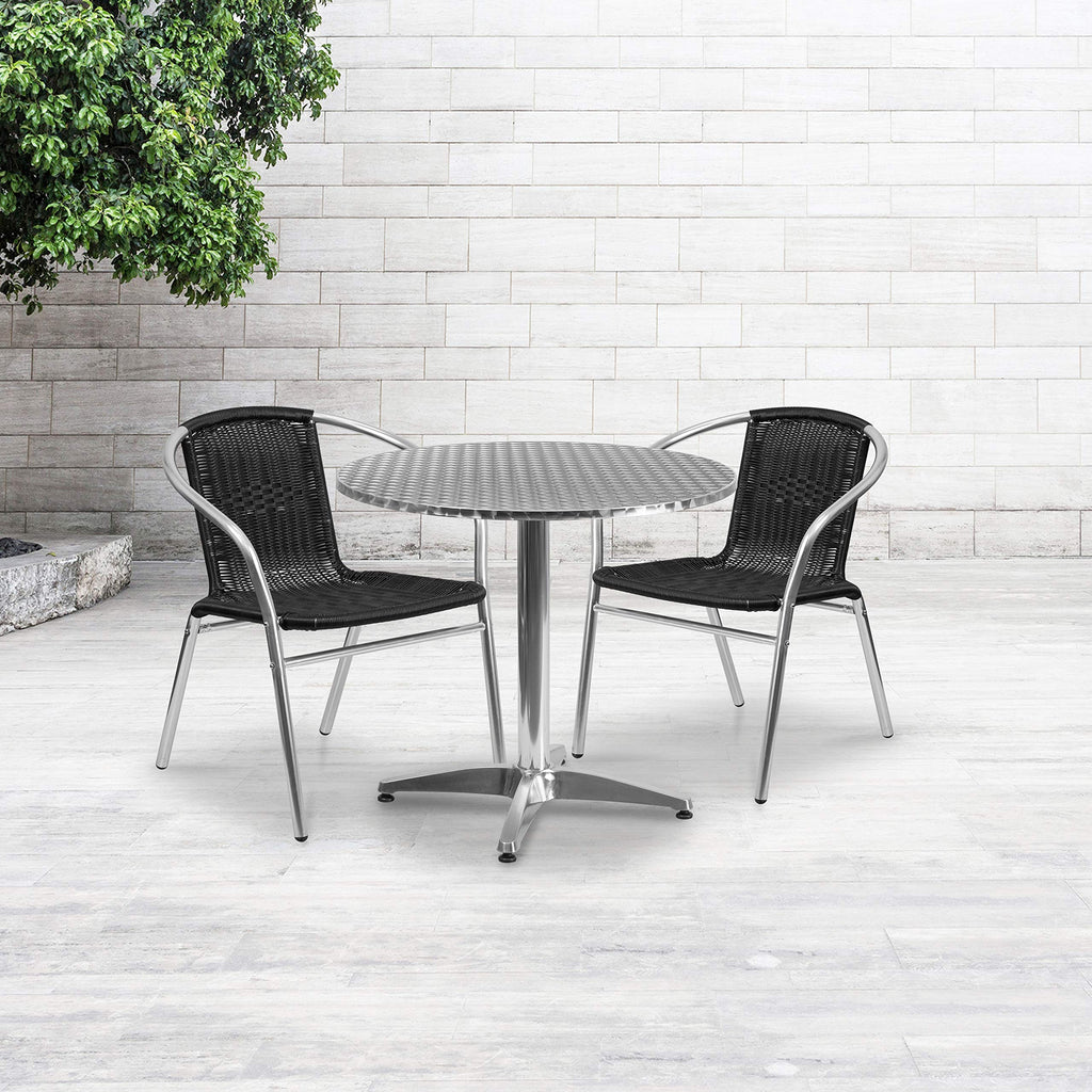 Flash Furniture Lila 31.5'' Round Aluminum Indoor-Outdoor Table Set with 2 Black Rattan Chairs