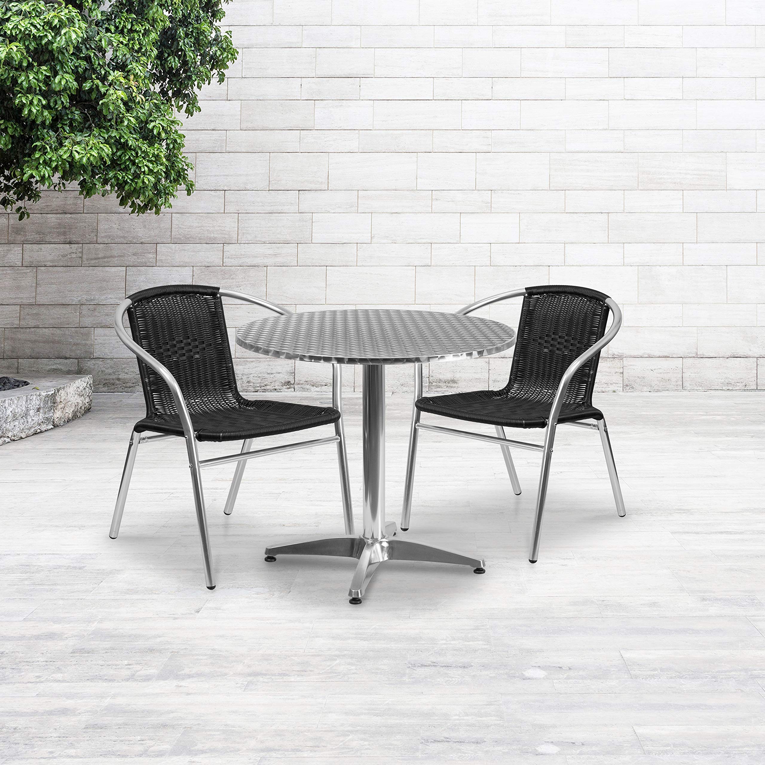 Flash Furniture Lila 31.5'' Round Aluminum Indoor-Outdoor Table Set with 2 Black Rattan Chairs
