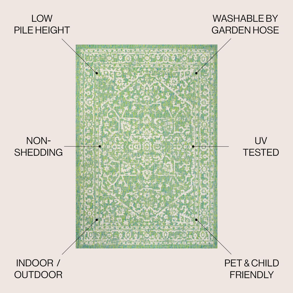 Jonathan Y Smb104F-4 Malta Bohemian Medallion Textured Weave Indoor Outdoor Area-Rug, Coastal Traditional Transitional Easy-Cleaning,Bedroom,Kitchen,Backyard,Patio,Non Shedding, 4 X 6, Cream/Green
