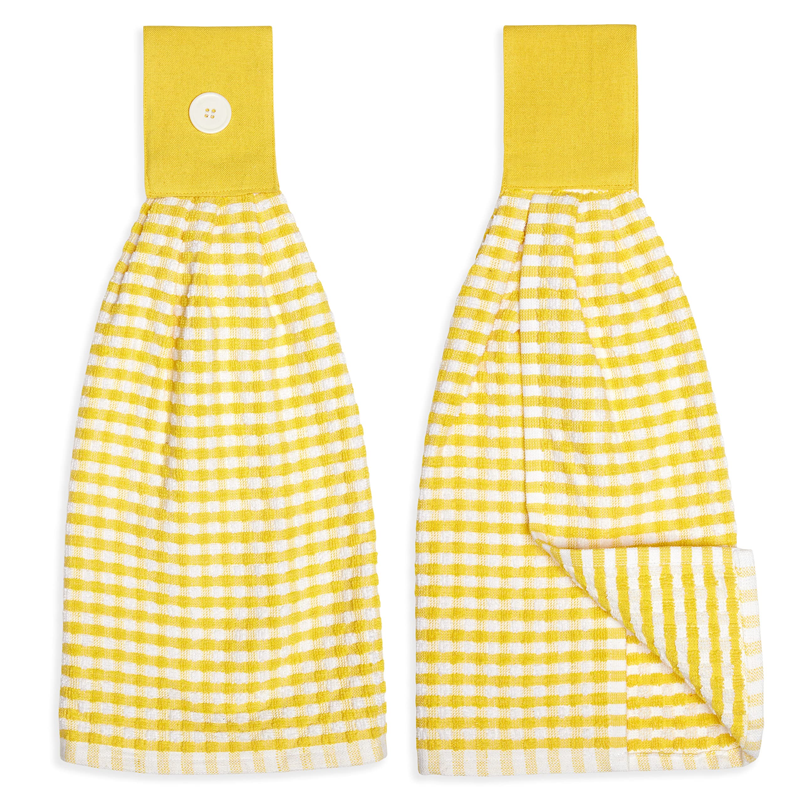 Cackleberry Home Gingham Check Terrycloth Hanging Kitchen Hand Towel Cotton with Button Accent, Set of 2 (Charcoal Gray)