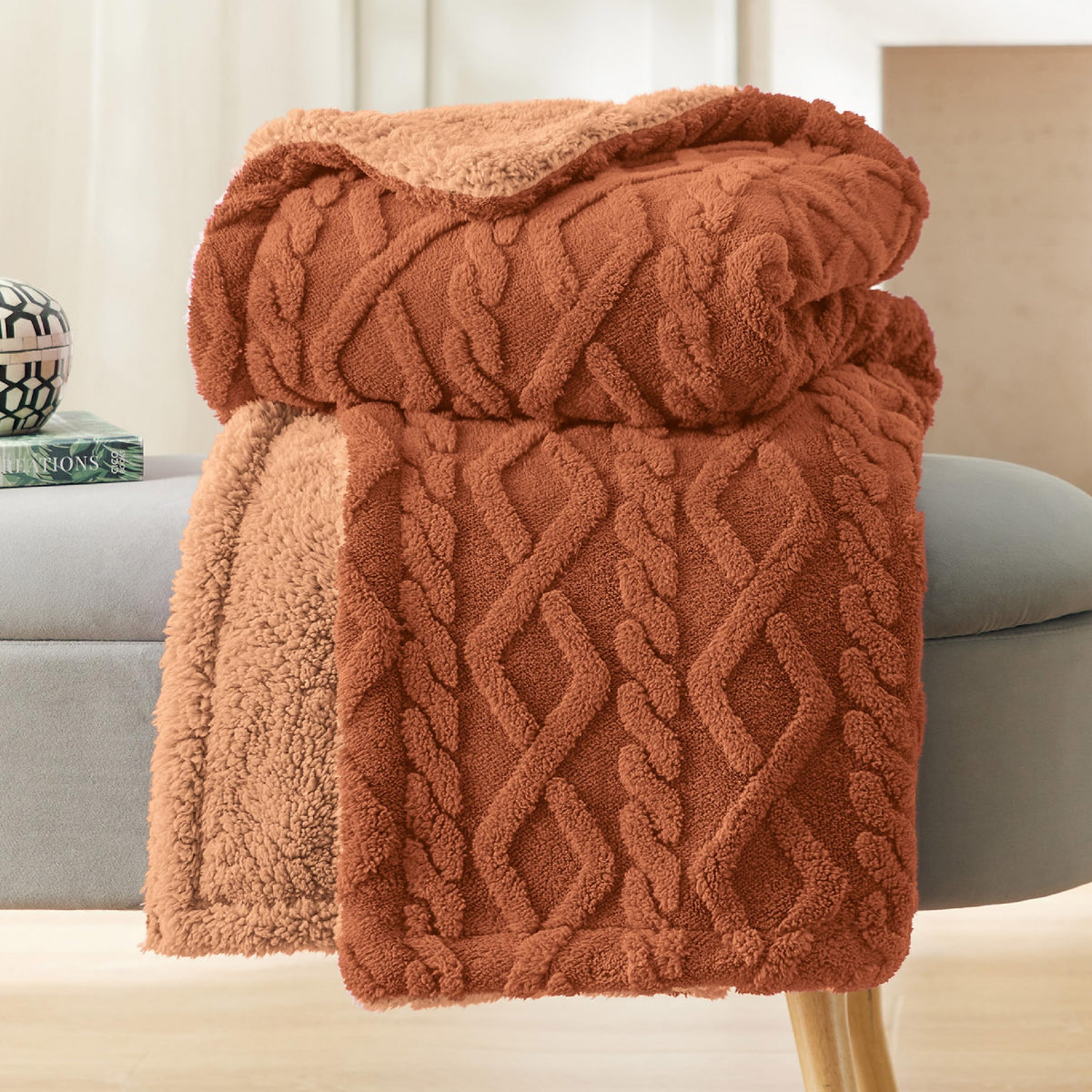 Bedsure Sherpa Throw Blanket For Couch Sofa - Fuzzy Soft Cozy Blanket For Bed, Fleece Thick Warm Blanket For Winter, Orange Fall