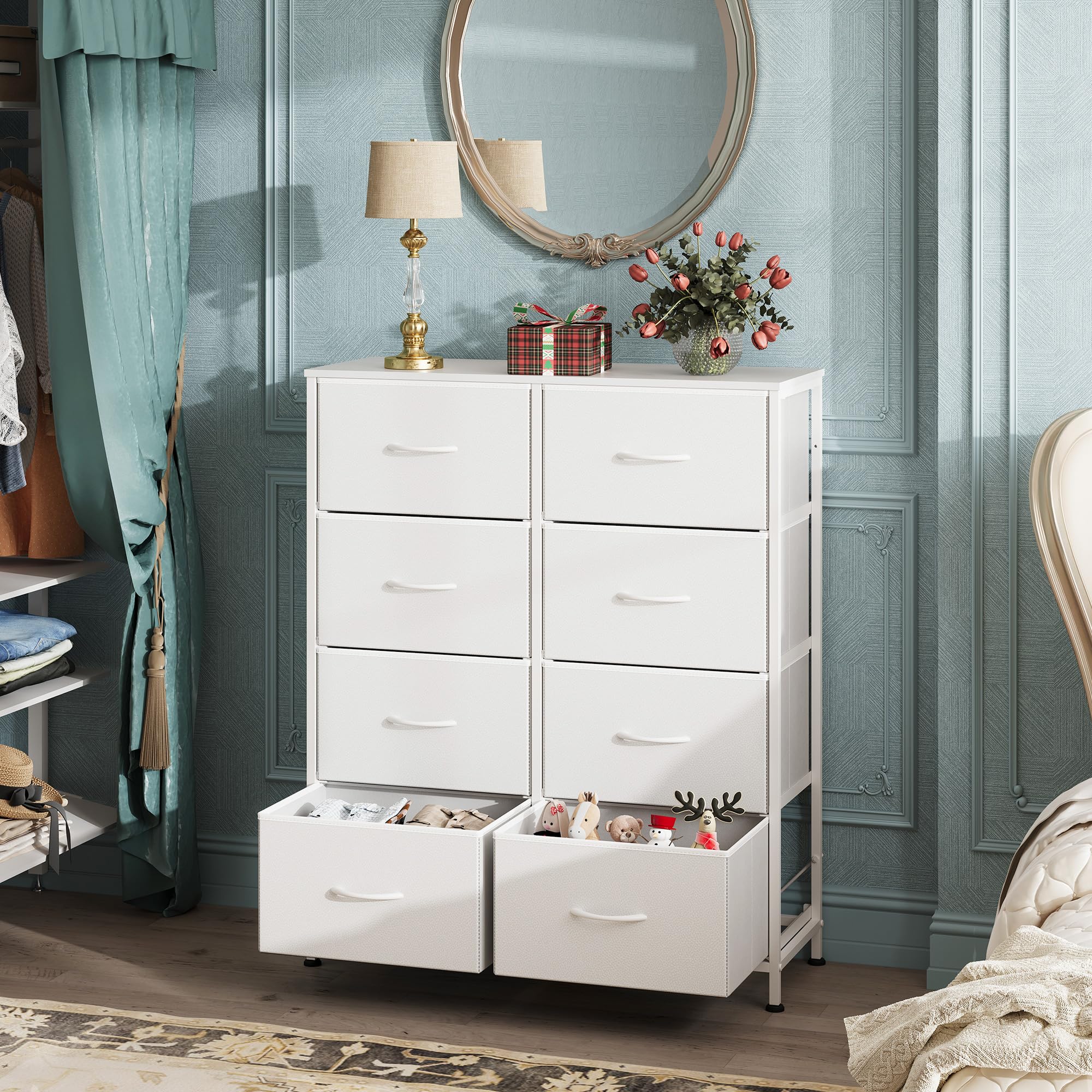 Wlive Fabric Dresser For Bedroom, Tall Dresser With 8 Drawers, Storage Tower With Fabric Bins, Double Dresser, Chest Of Drawers For Closet, Playroom, Dormitory, White