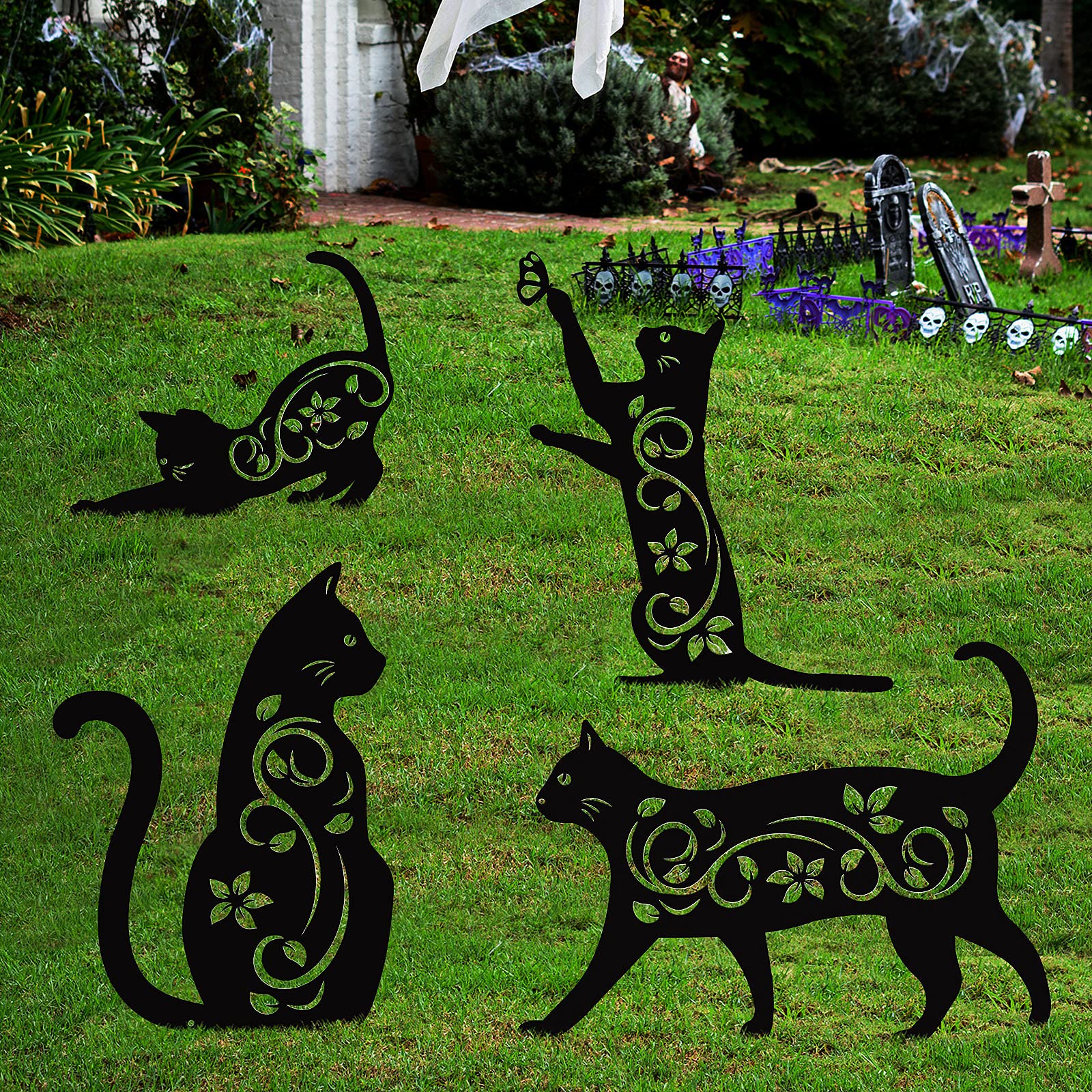 Elcoho 4 Pack Black Cat Silhouette Cute Metal Cat Garden Statues Bird Repellent Cat Decorative Garden Stakes For Yard, Garden, L