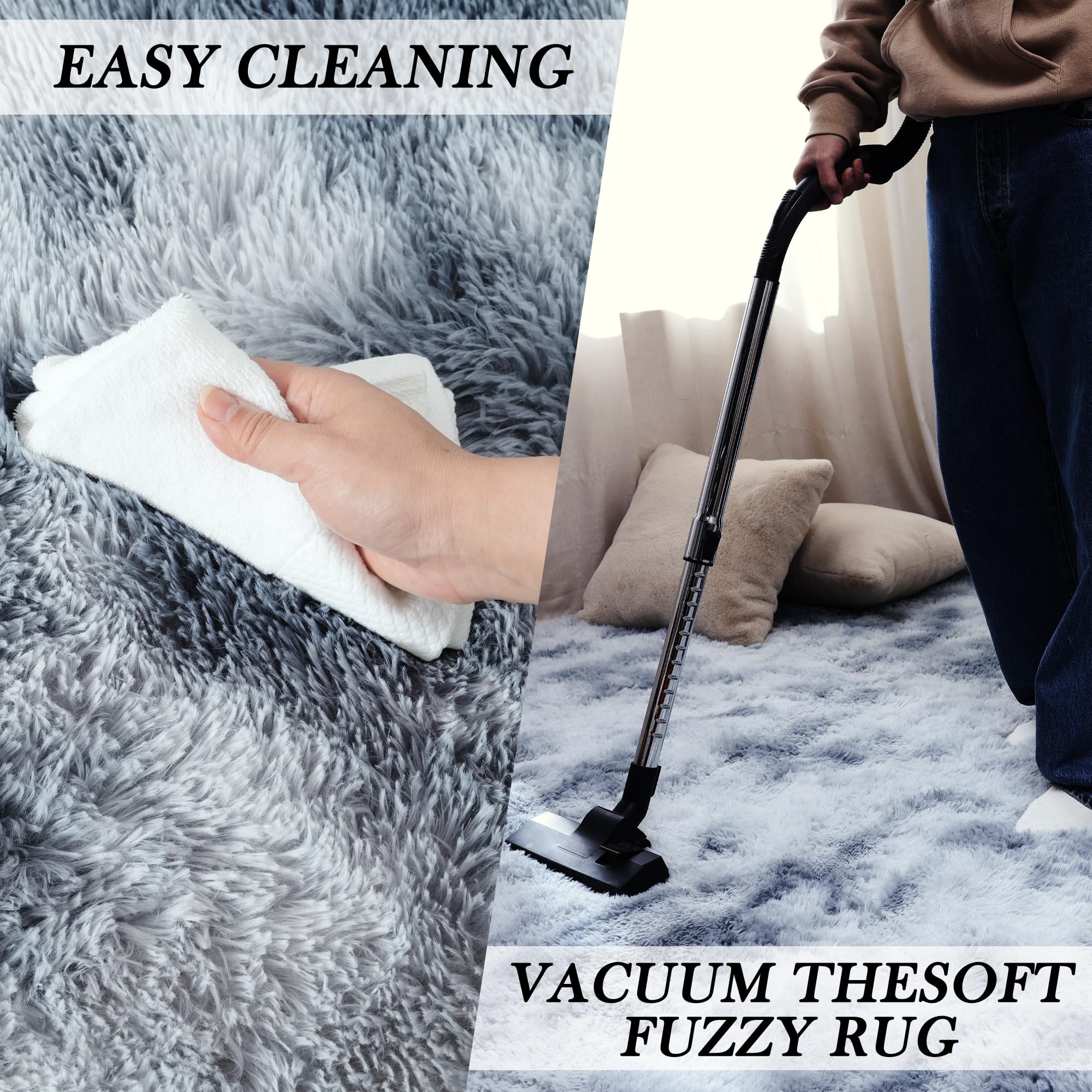 Fluffyrug Grey Shag Area Rug 6x9 Feet - Soft Plush Tie-Dye Light Gray Carpet for Living Room, Fuzzy Rectangular Floor Mat