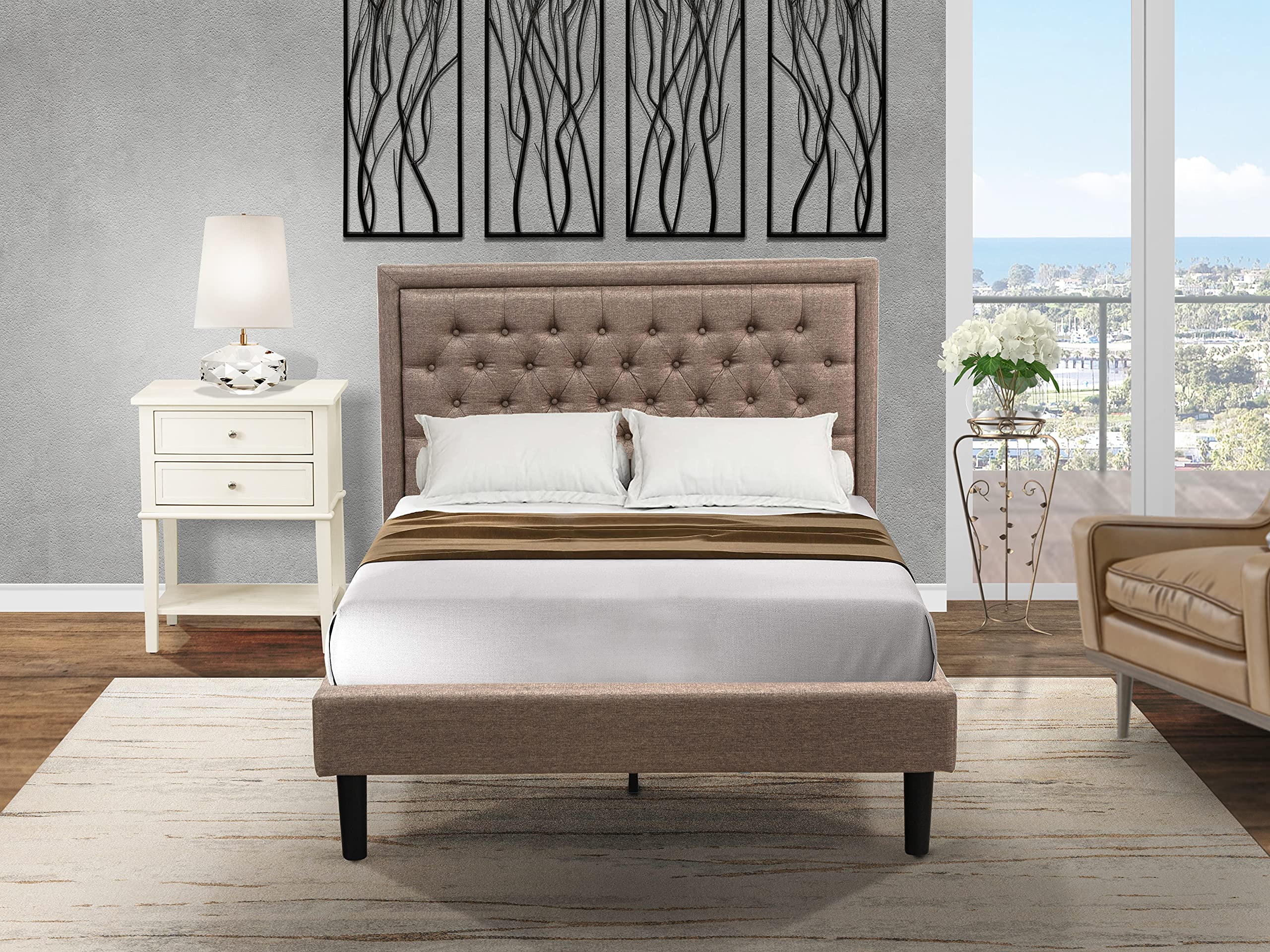 East West Furniture KD16F-1VL0C 2 Piece Wood Bedroom Set-1 Full Bed Dark Khaki Linen Fabric Padded and Button Tufted Headboard with 1 Night Stands-Wire Brushed Butter Cream Finish Nightstand