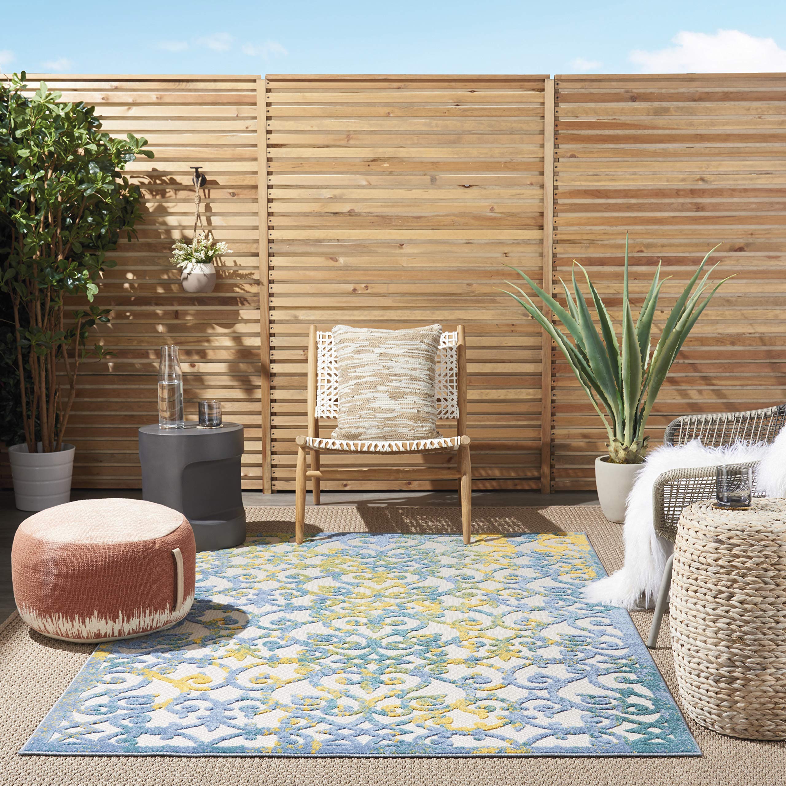 Nourison Aloha Indoor/Outdoor Ivory Blue 6' X 9' Area Rug, Transitional, French Country, Easy Cleaning, Non Shedding, Bed Room,