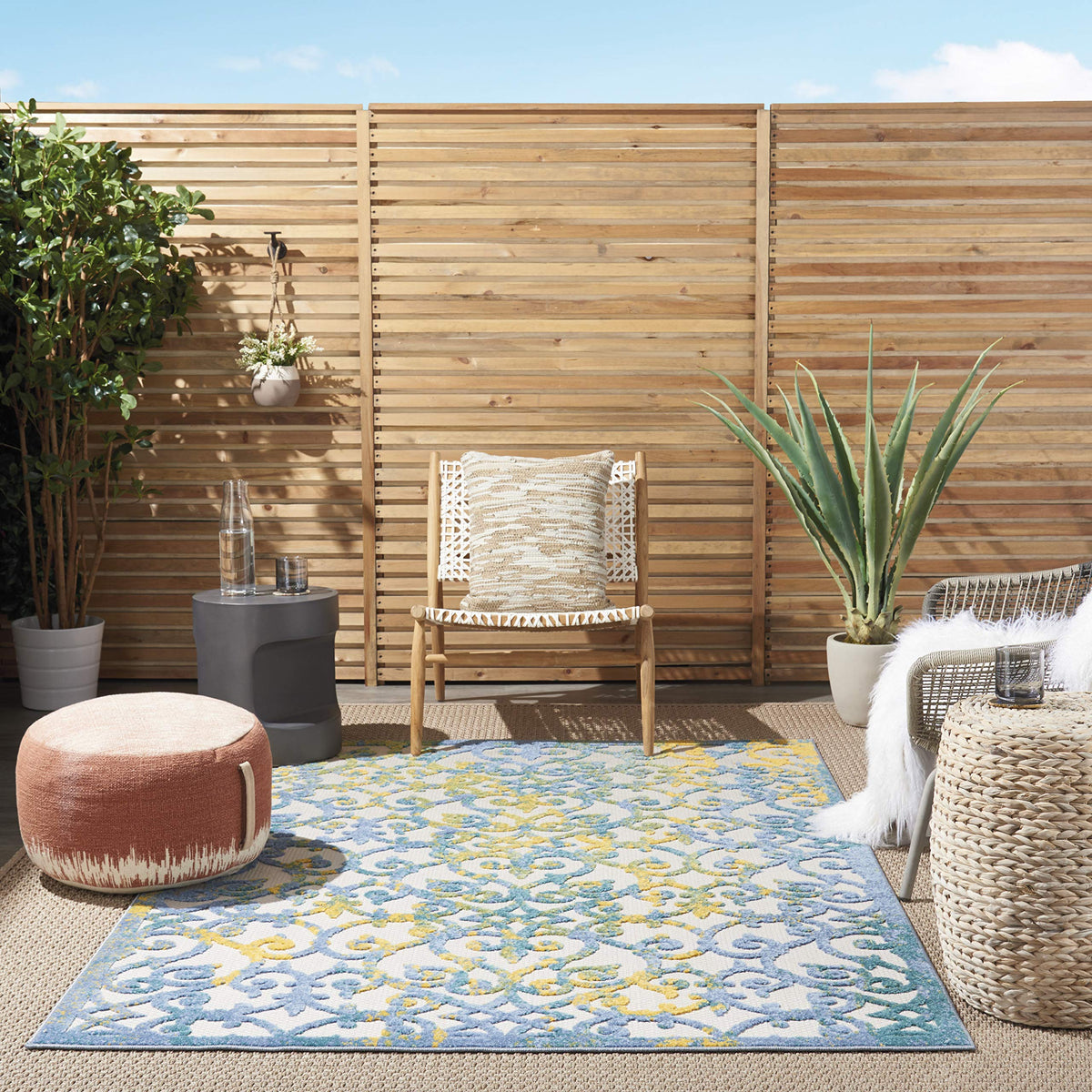 Nourison Aloha Indoor/Outdoor Ivory Blue 3'6' X 5'6' Area Rug, Transitional, French Country, Easy Cleaning, Non Shedding, Bed