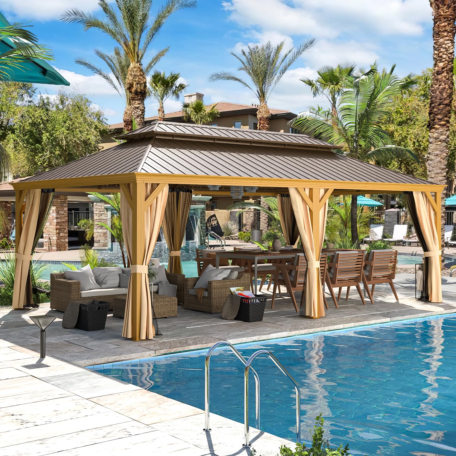 Yoleny 14' X 22' Hardtop Gazebo Wood-Looking Gazebo With Galvanized Steel Double Roof, Aluminum Frame, Outdoor Patio Hardtop Gaz