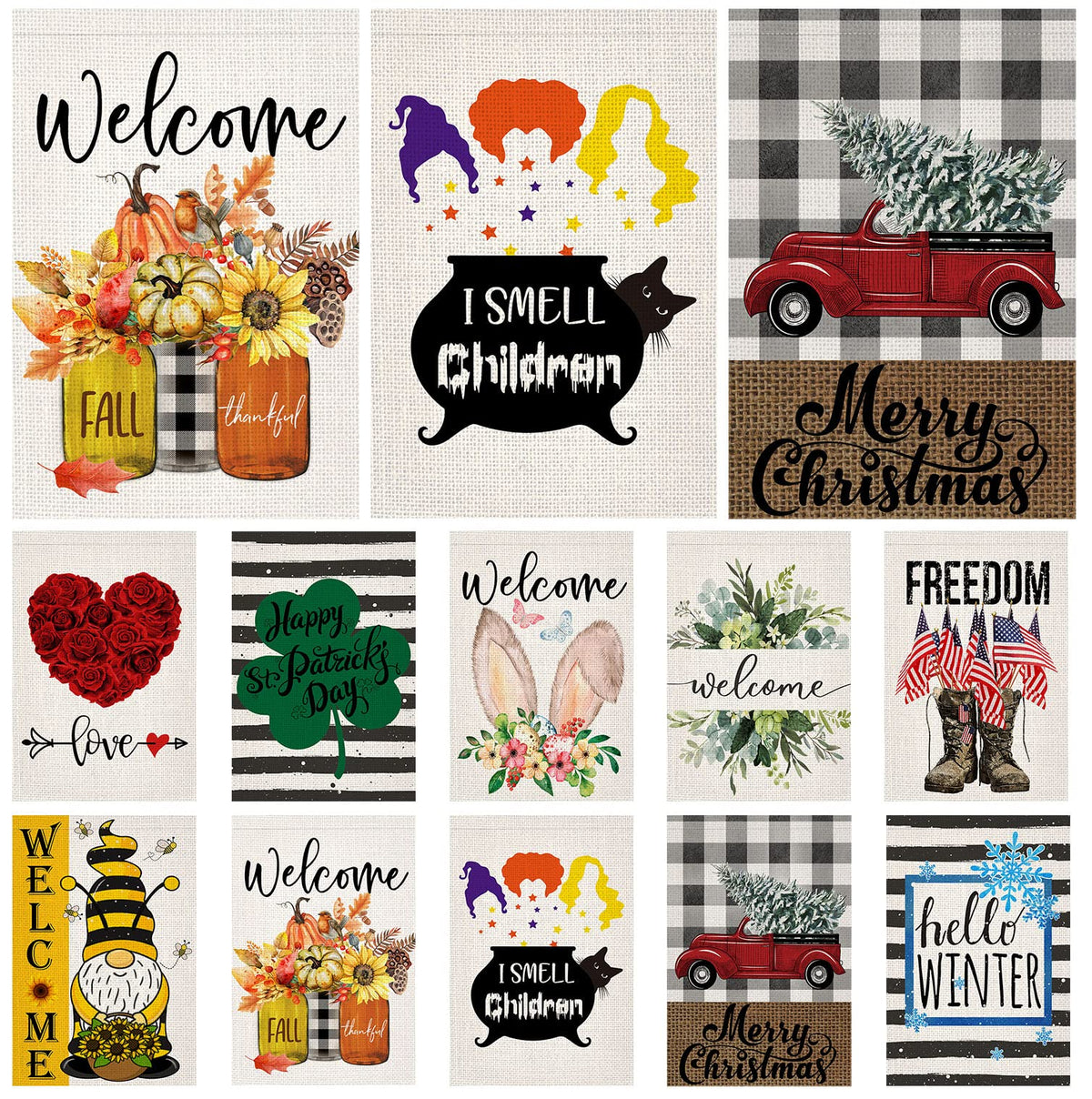 Doncida Seasonal Garden Flags Set Of 10 Double Sided Burlap 12X18 Inch Welcome Easter Spring Holidays Garden Flag, Small Yard Fl