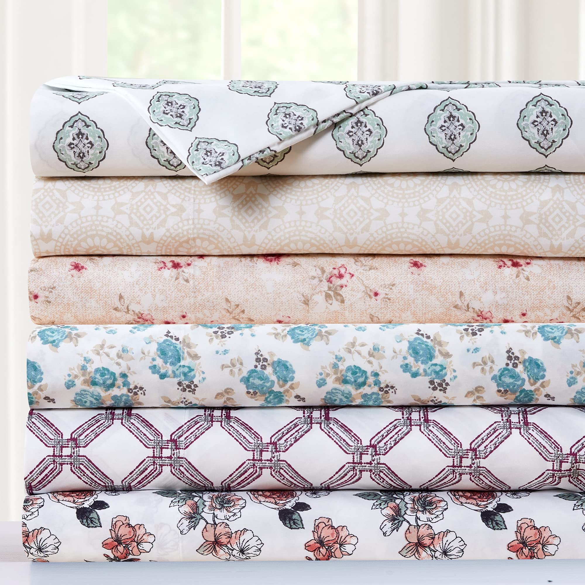 Modern Threads Printed 4-Piece Extra Soft Bedding Sheets & Pillowcase Set, Deep Pocket Up To 16 Inch Mattress Kashmir Rose King