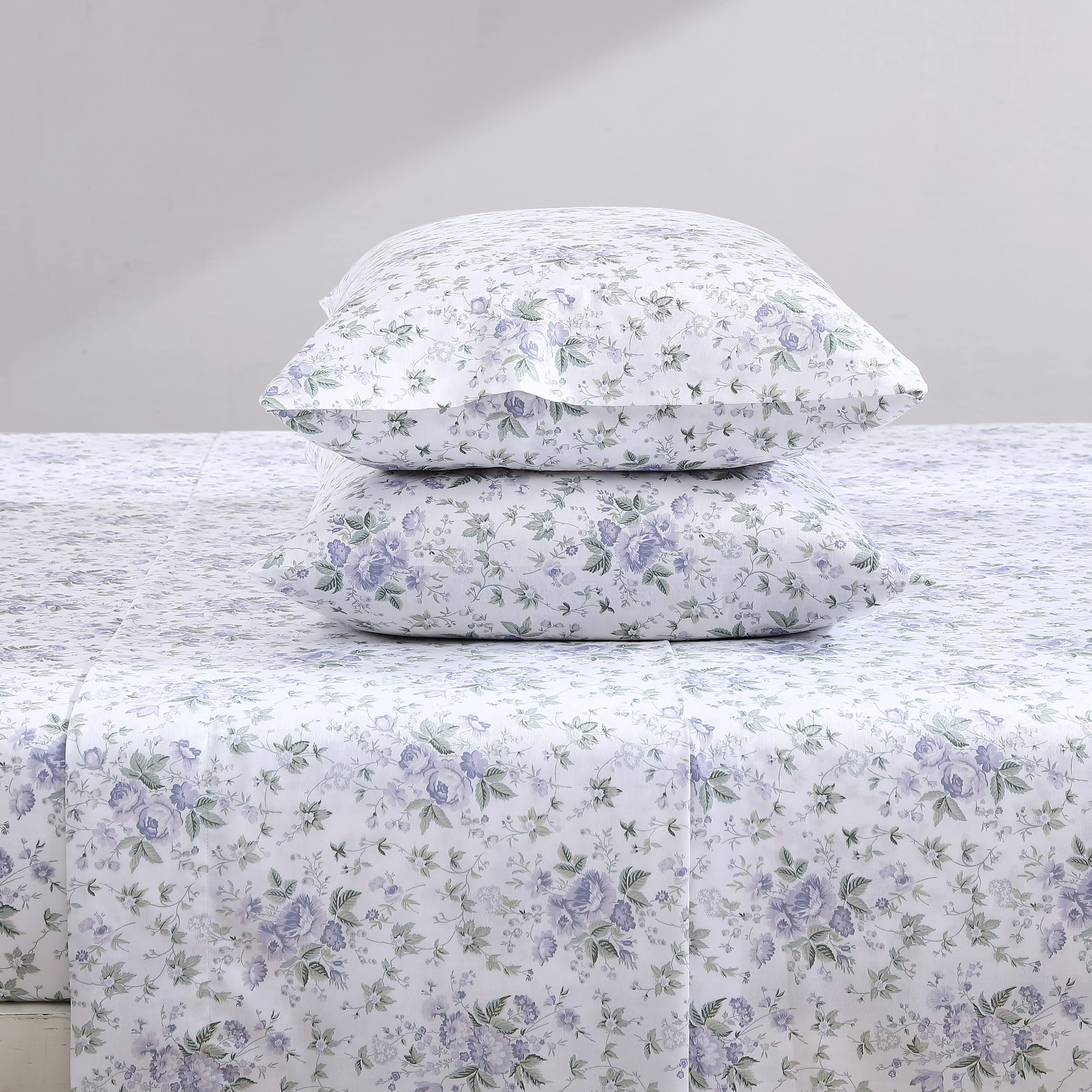 Laura Ashley Home King Sheet Set, Soft Sateen Cotton Bedding Set - Sleek, Smooth, & Breathable,Lilian Purple