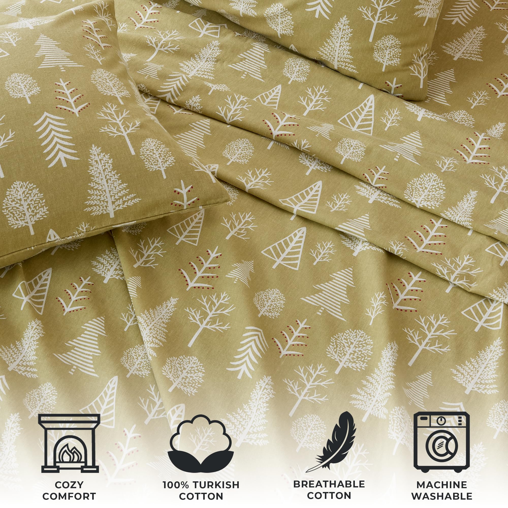 4 Piece 100% Turkish Cotton California King Winter Lodge Flannel Sheet Set | Cotton Printed Bedding Sheets & Pillowcases | Doubl