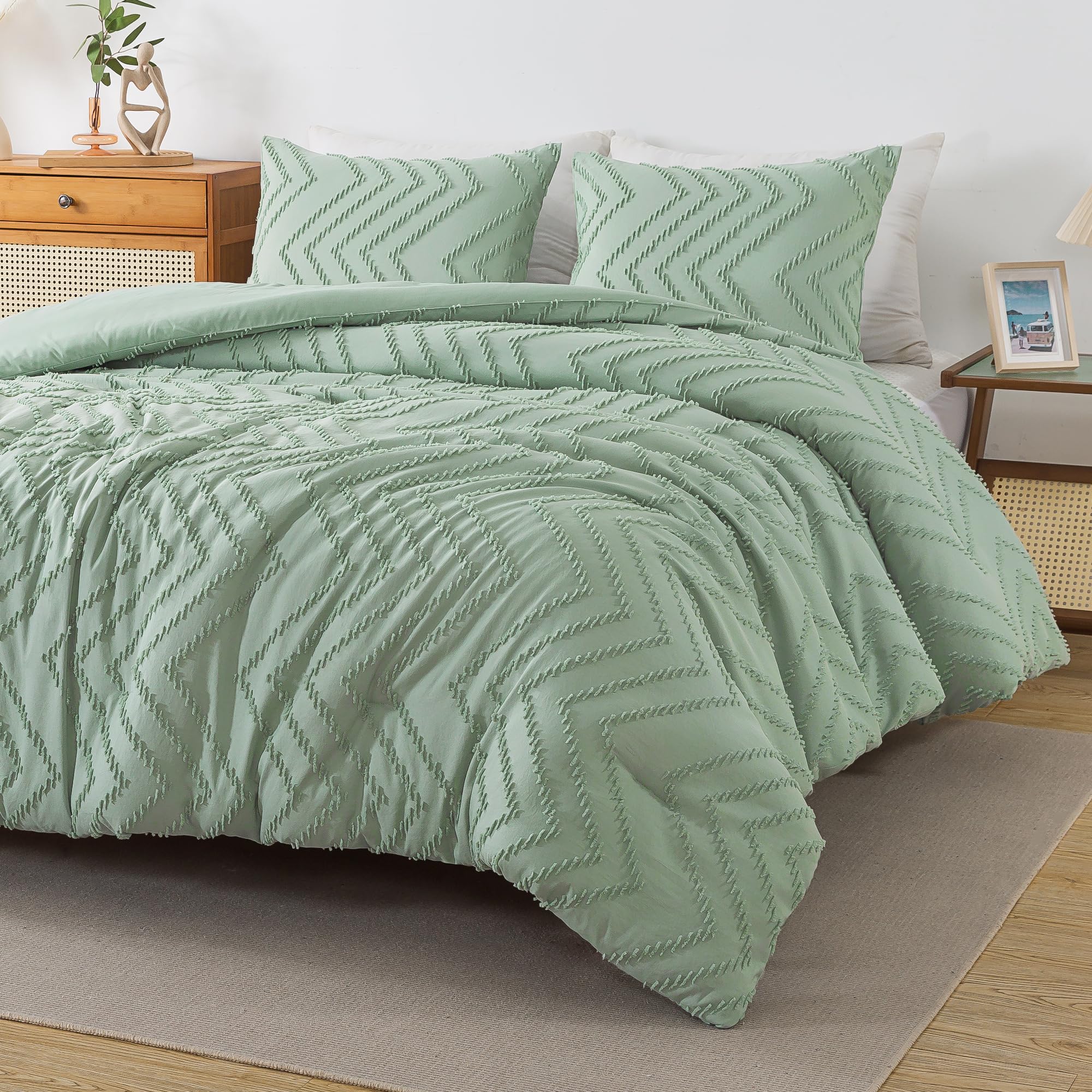 Andency Sage Green Comforter Full, Boho Soft Fluffy Warm Lightweight Bedding Comforter Sets For Full Bed, 3 Pieces Light Green Chevron Tufted Aesthetic Microfiber Lightweight Comforter Set
