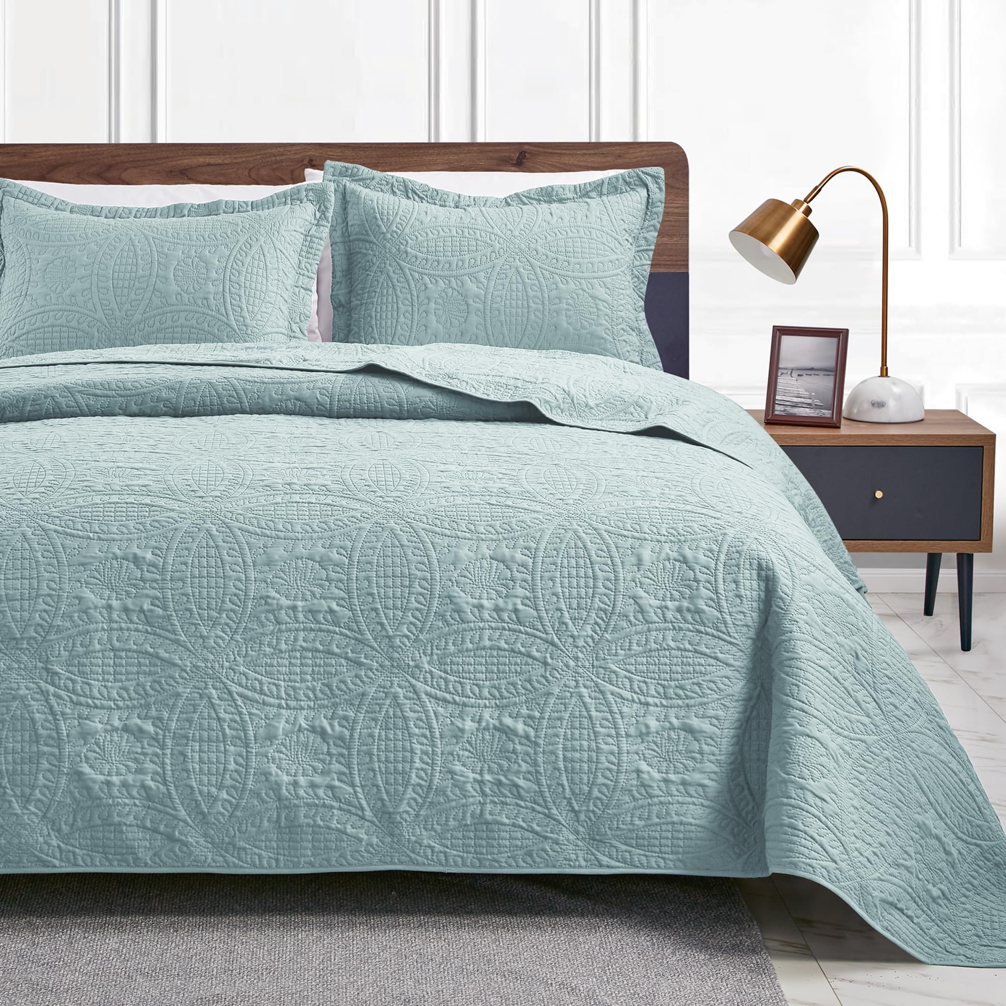 Love'S Cabin King Size Quilt Set Spa-Blue Bedspreads - Soft Bed Summer Quilt Lightweight Microfiber Bedspread- Modern Style Coin