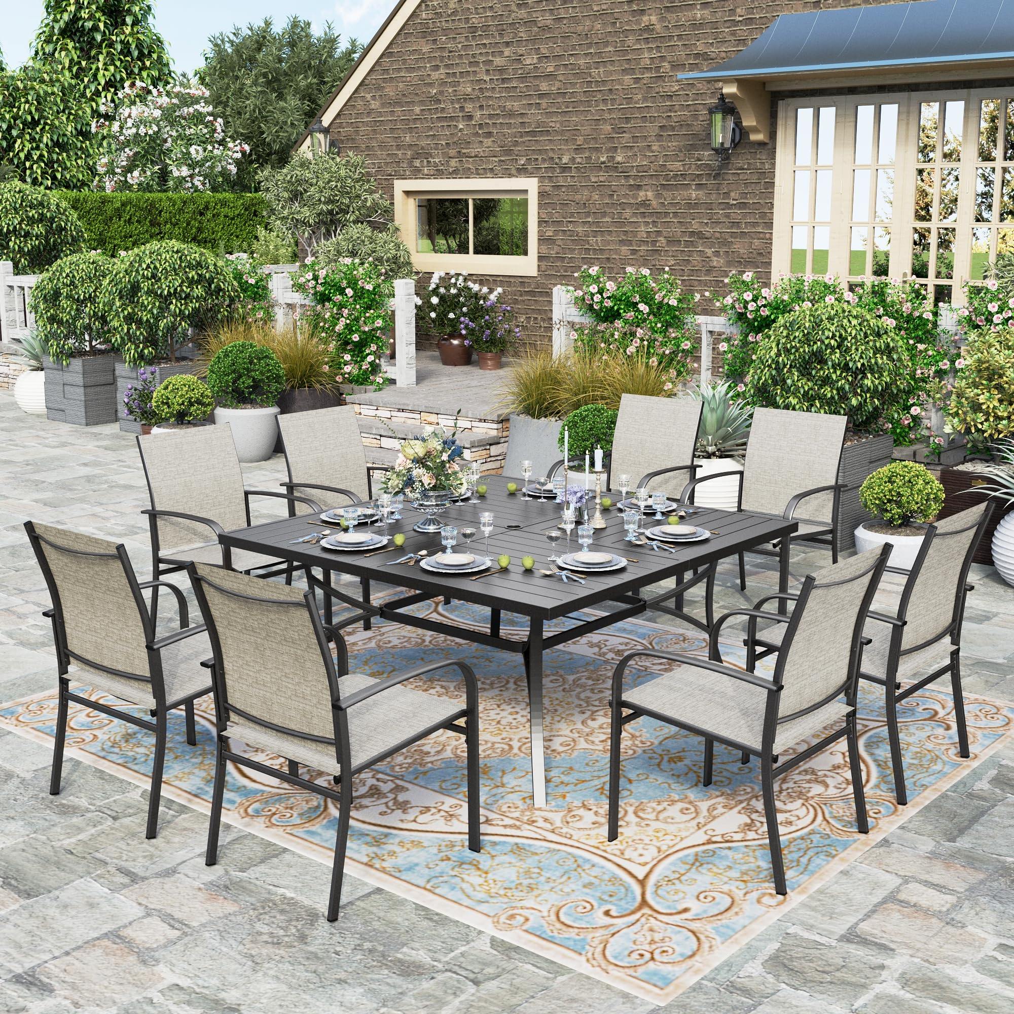 Hera'S House 9 Pieces Patio Dining Set, Outdoor Table And Chairs Set For 8, 8 X Brown Textilene Dining Chair And 60'' Square Met