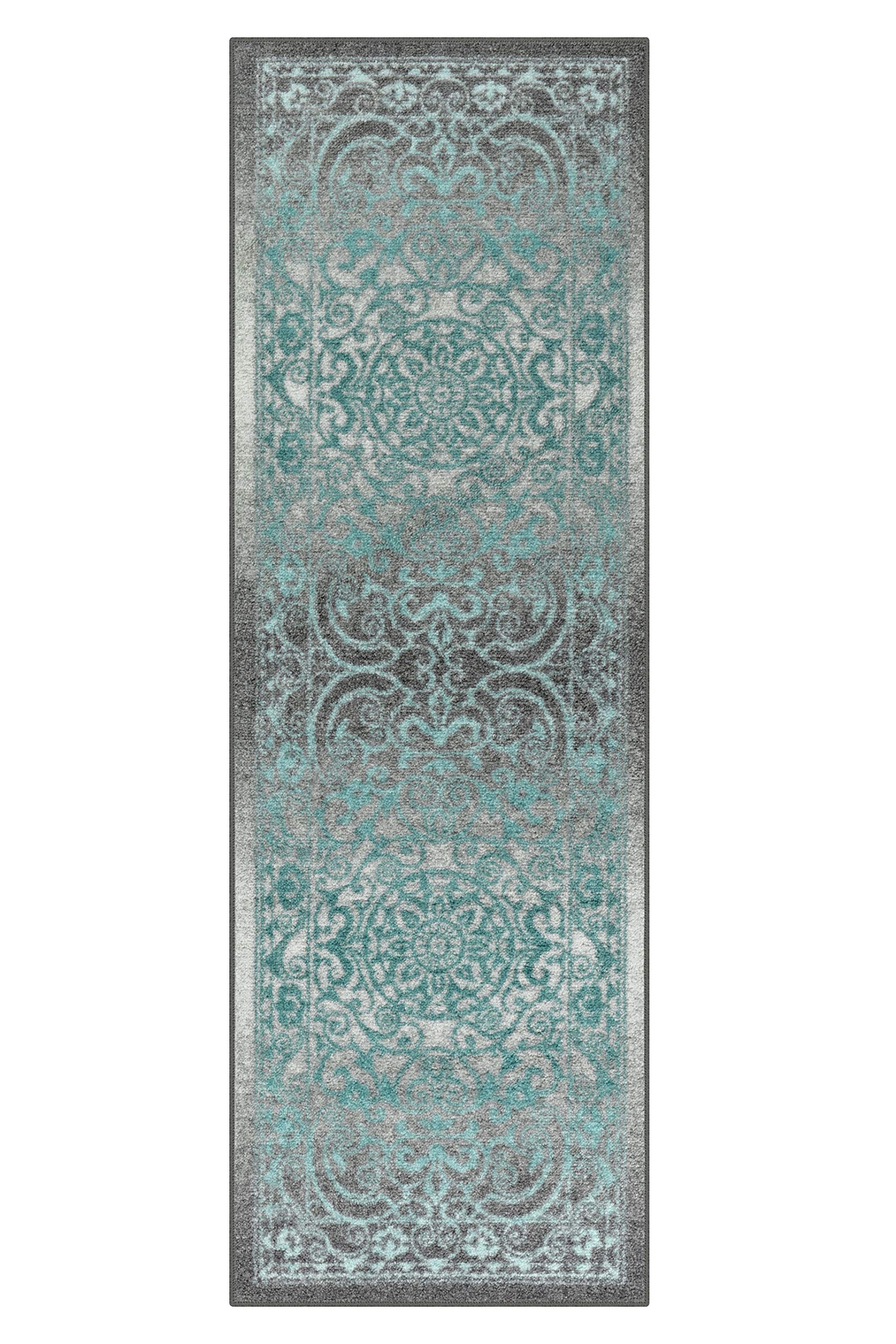 Maples Rugs Pelham Vintage Runner Rug Non Slip Washable Hallway Entry Carpet [Made in USA], 2 x 6, Grey/Blue