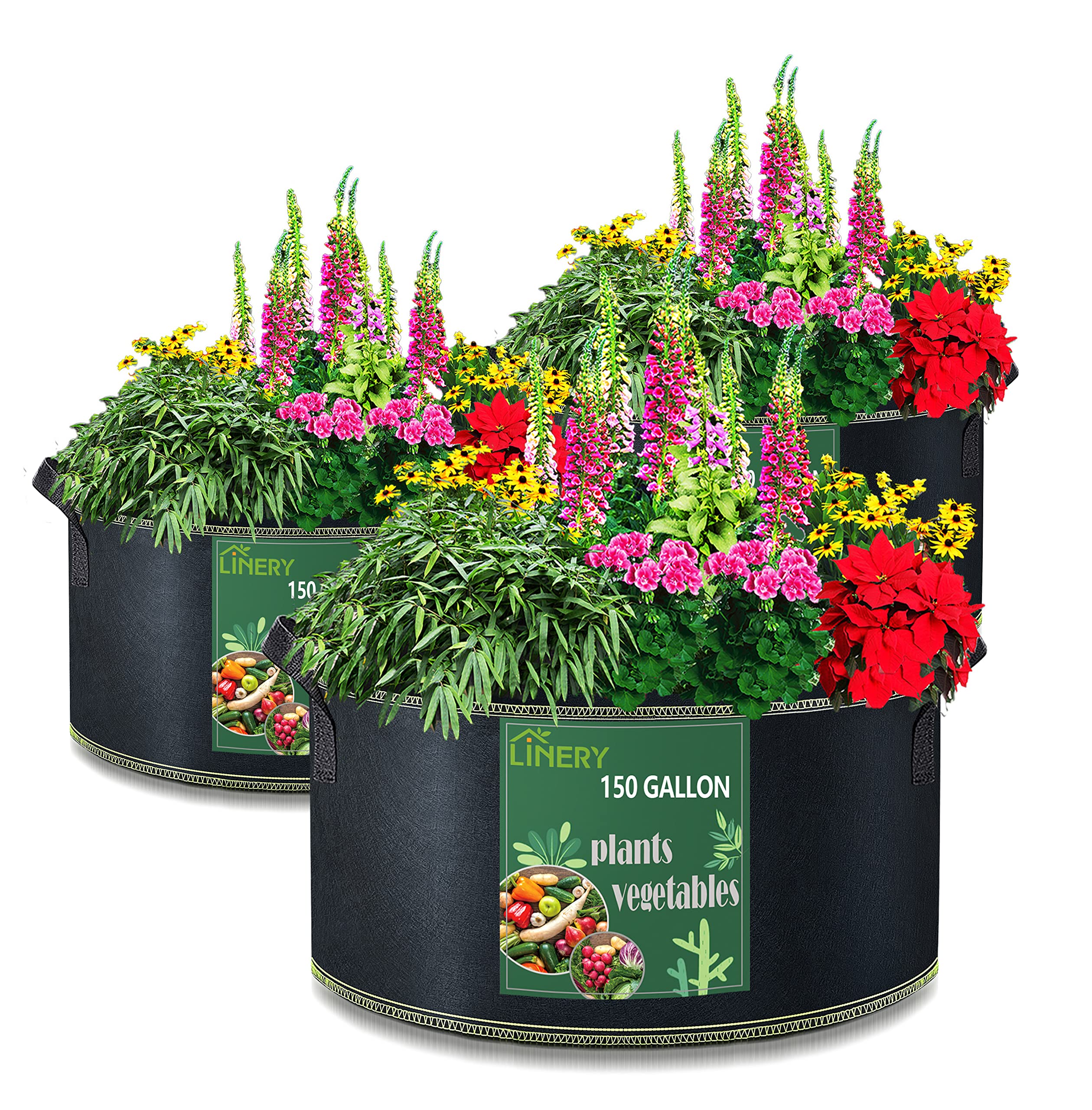 Linery 3-Pack 150 Gallon Planting Bag Black Heavy Duty Thickened Large Capacity Upgrade Hemming Process Grow Bag With Handles No