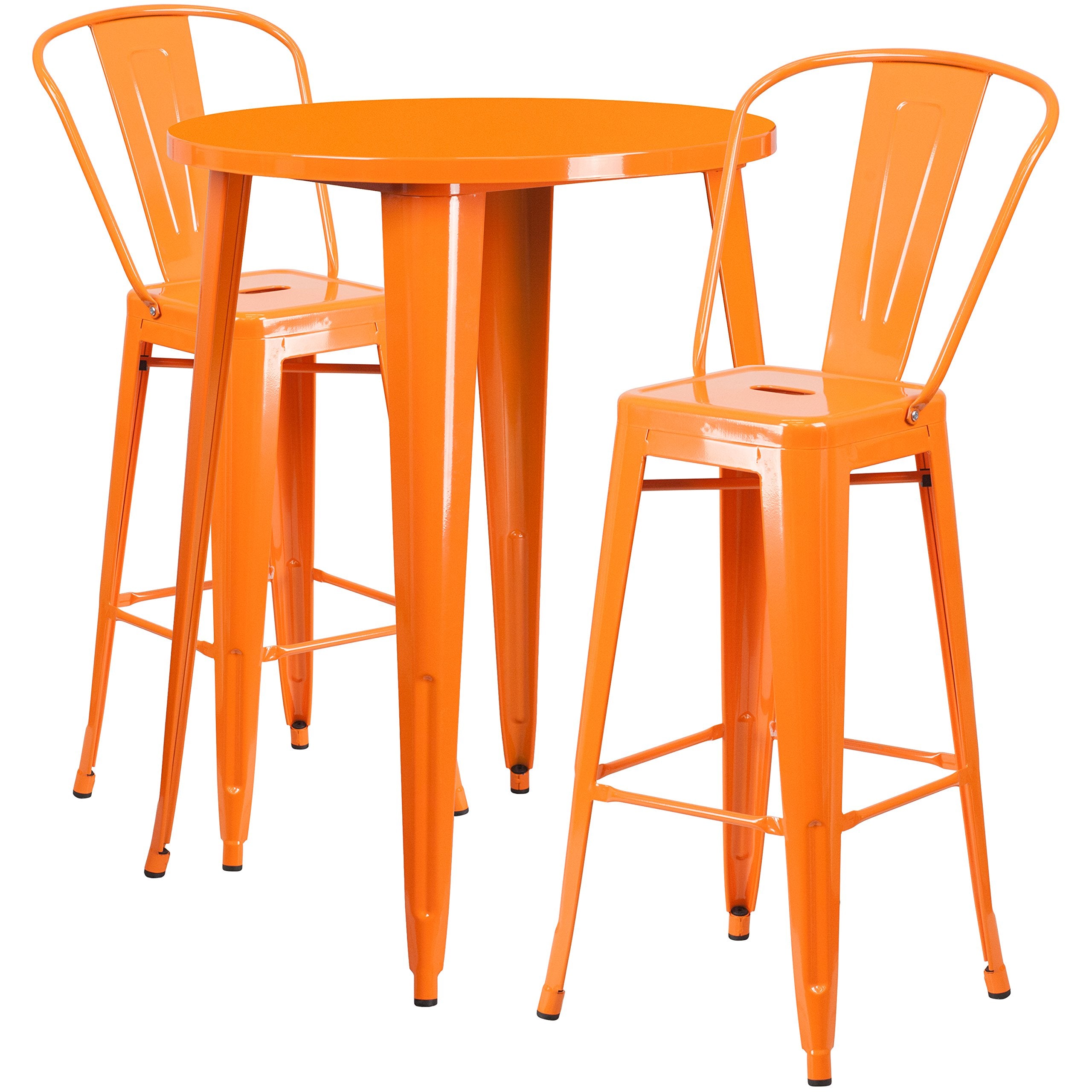 Flash Furniture Commercial Grade 30" Round Orange Metal Indoor-Outdoor Bar Table Set With 2 Cafe Stools