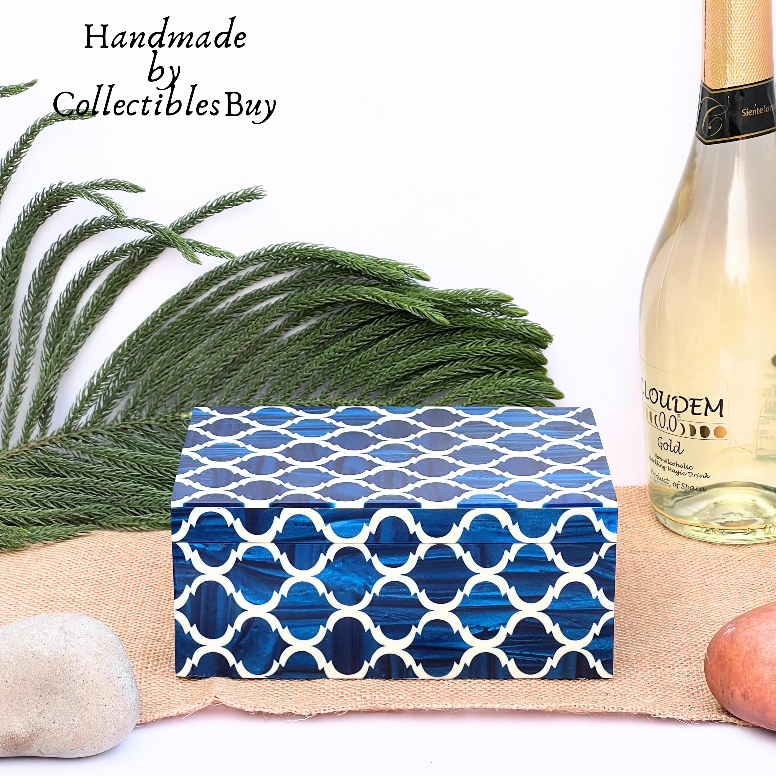 Collectiblesbuy Handmade Jewelry Storage Box Moroccan Pattern Designer Resin Box Royal Home Decorative Rectangle Modern Art Blue