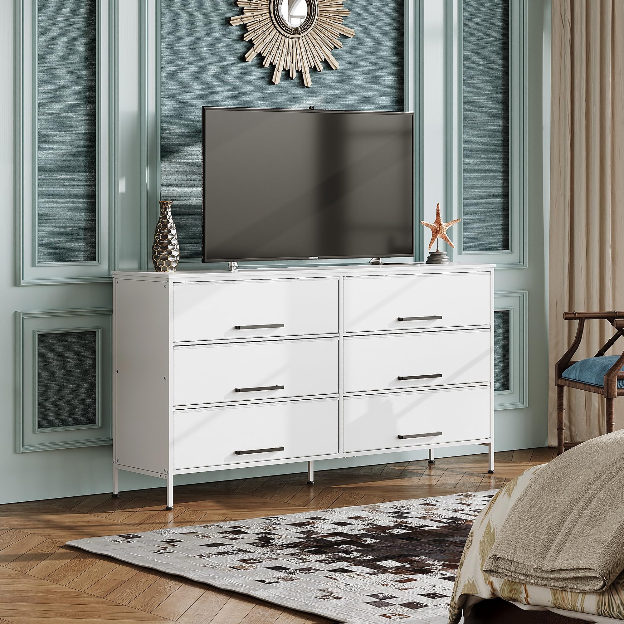 Wlive Wide Fabric Dresser, 6 Drawer Dresser Tv Stand For 68' Tv, Dressers Bedroom Furniture Large Storage Tower Unit With Fabric Bins, White Dresser For Bedroom, Closet, Hallway, White