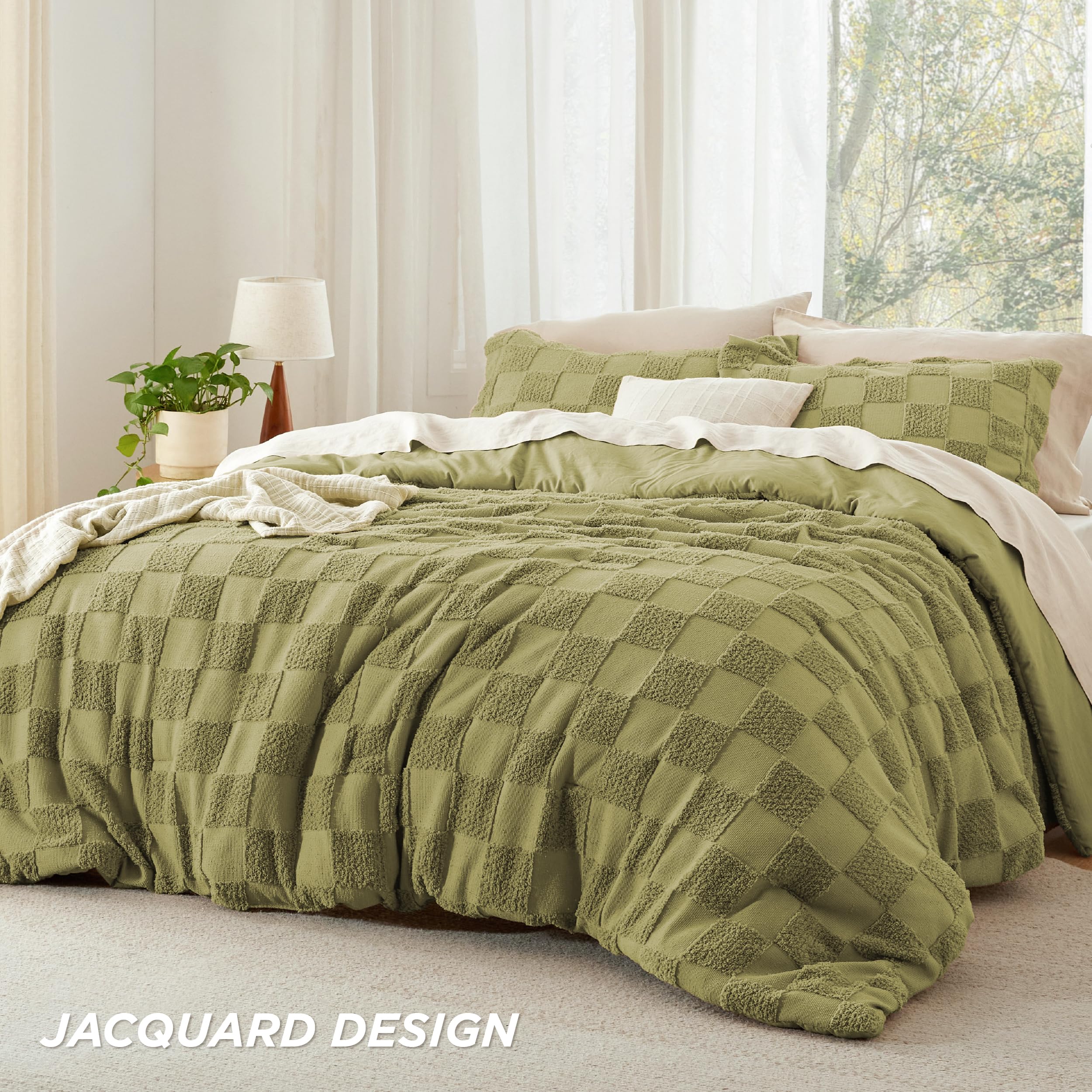 Bedsure Queen Size Comforter Set Olive Green, Boho Tufted Bed Set, Checkered Farmhouse Shabby Chic Bedding, 3 Pieces, 1 Plaid Geometric Comforter And 2 Pillow Shams