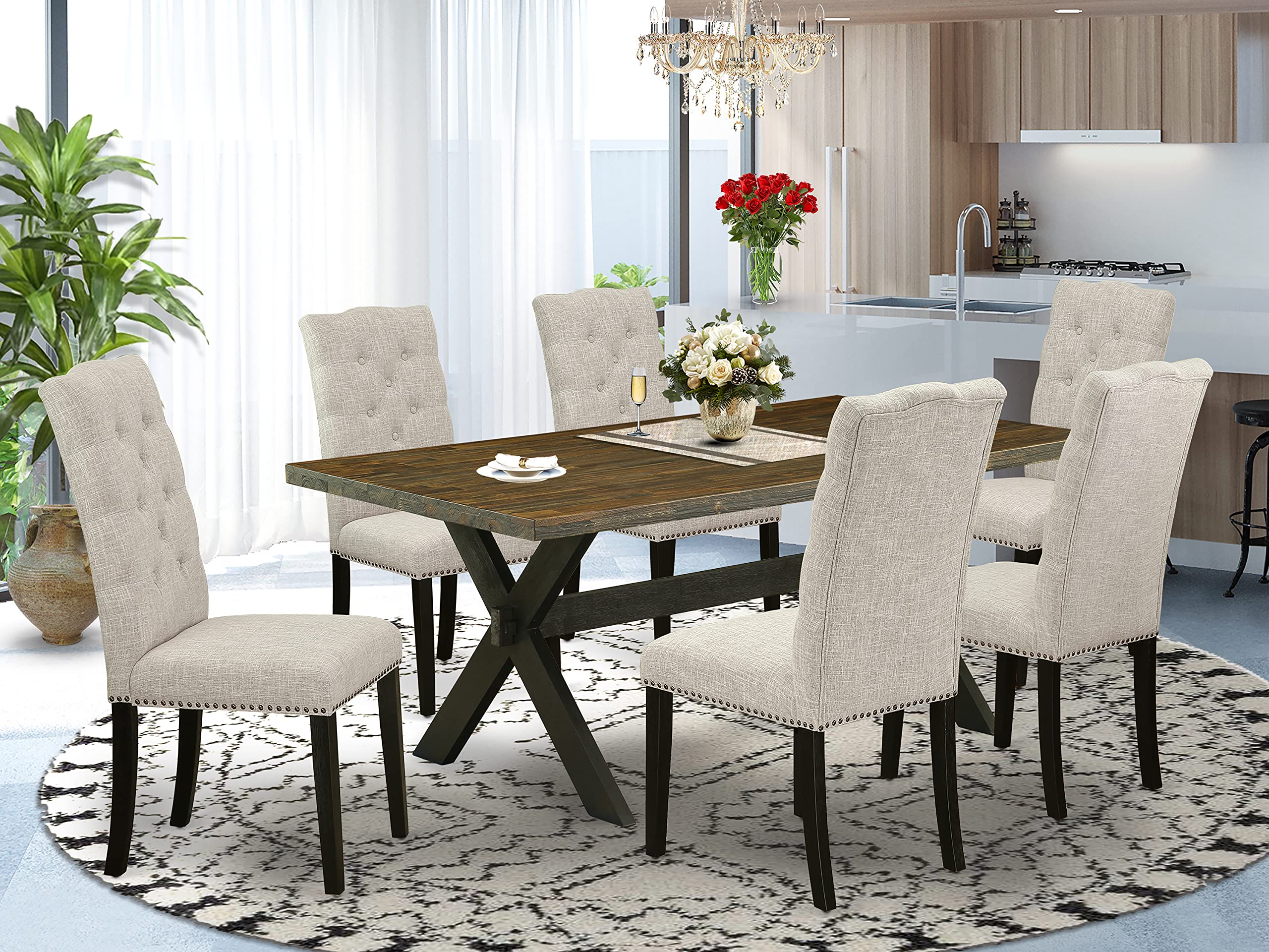 East West Furniture X677El635-7 7-Piece Dining Table Set - Dining Table Rectangular Top And 6 Parson Dining Chairs Padded Seat And Back (Distressed Espresso & Wire Brushed Black Finish)