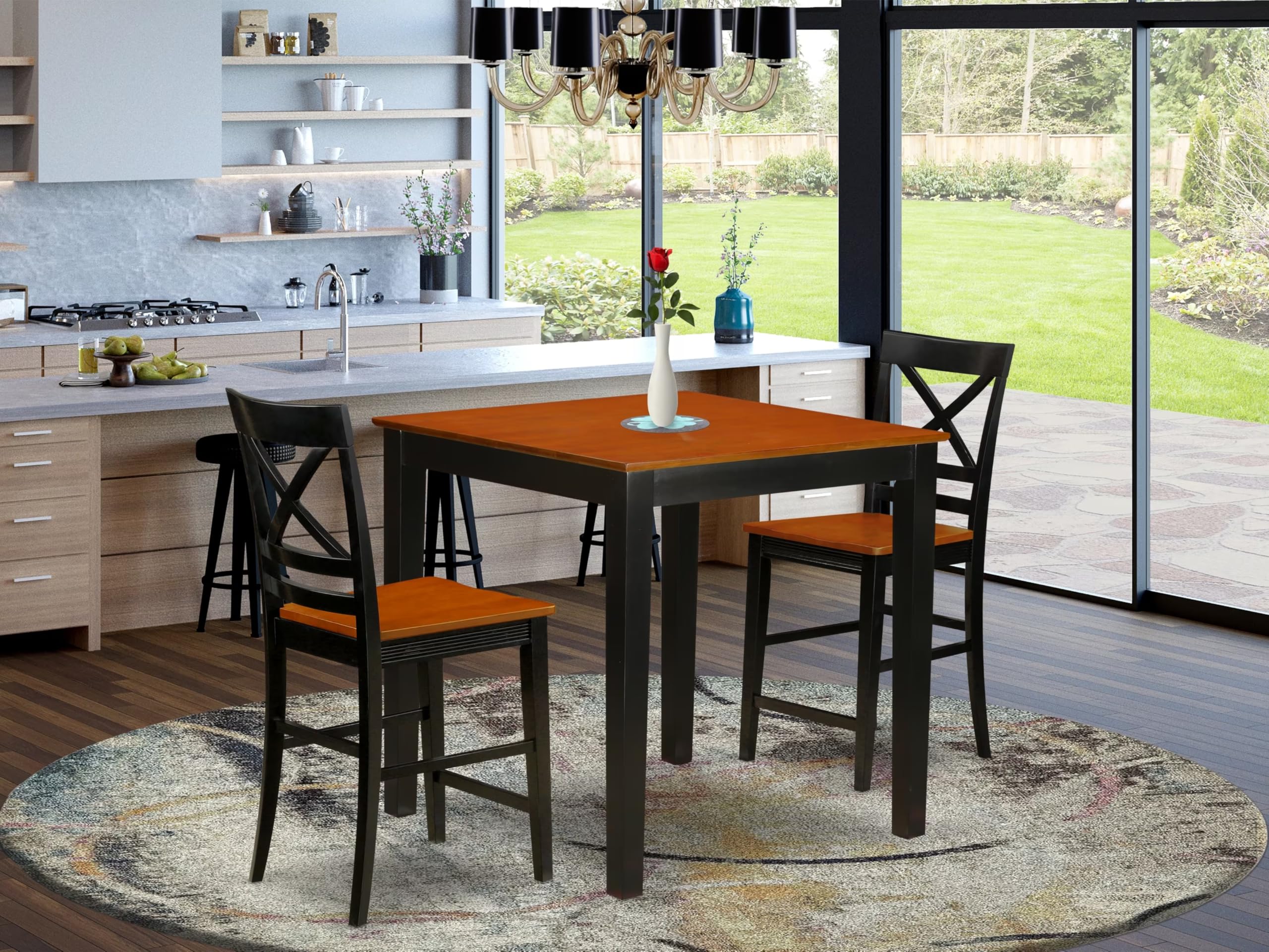 East West Furniture PBQU3-BLK-W 3 Piece Counter Height Dining Table Set Contains a Square Kitchen Table and 2 Dining Chairs, 36x36 Inch, Black & Cherry