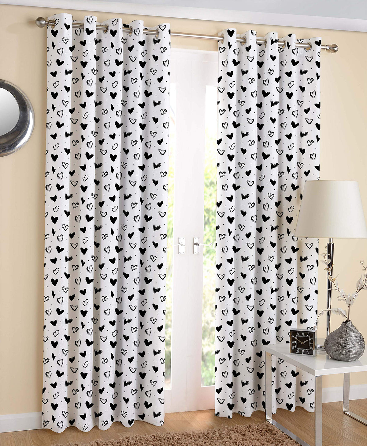 AIRWILL White & Black Printed Pattern Cotton Window Curtains 4X5Ft Pack of 2 Pieces, LightFiltering, Grommet Curtains