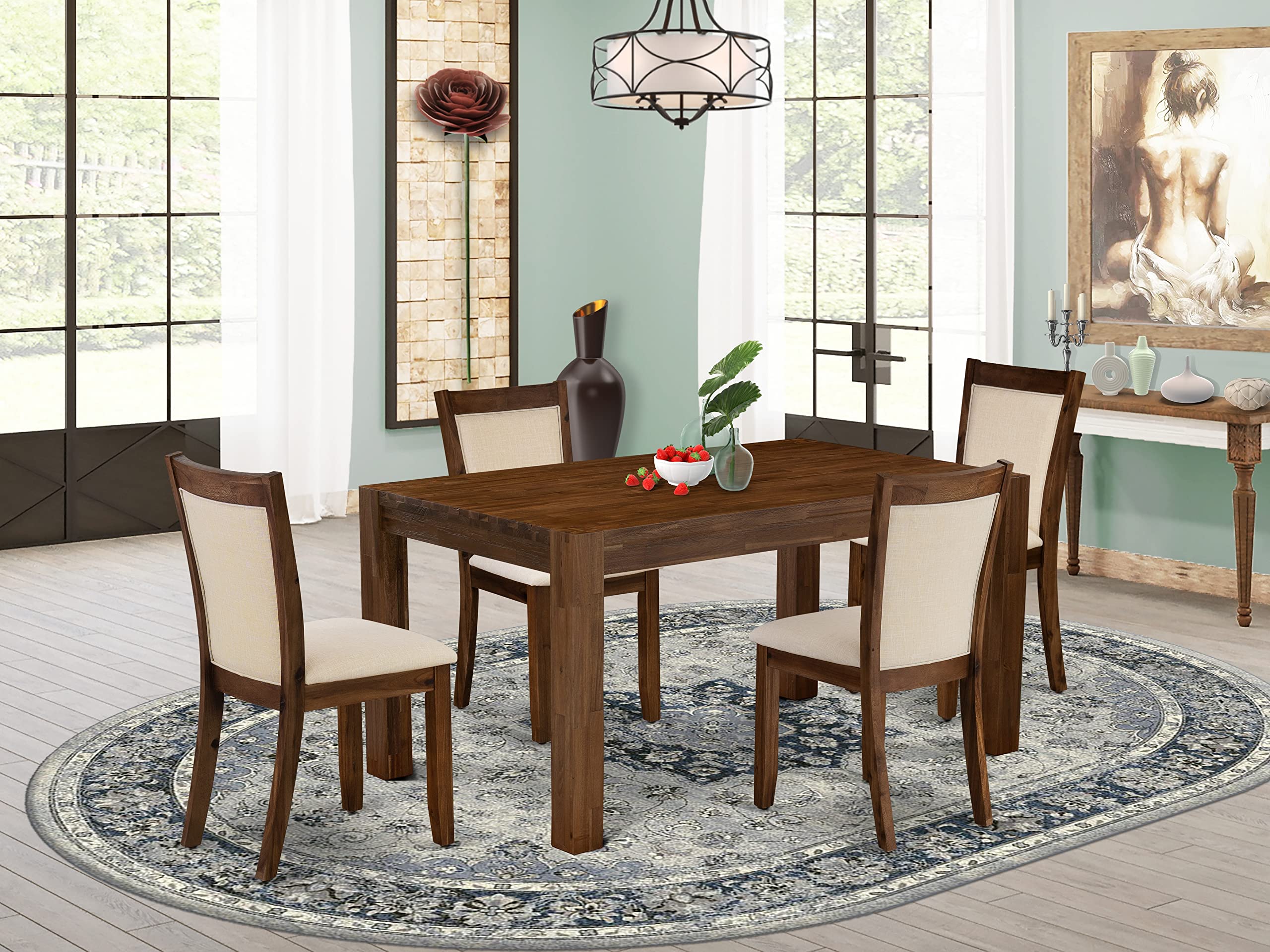East West Furniture Cnmz5-Nn-32 5 Piece Dining Set Includes A Rectangle Rustic Wood Dining Room Table And 4 Light Beige Linen Fabric Upholstered Chairs, 36X60 Inch, Walnut