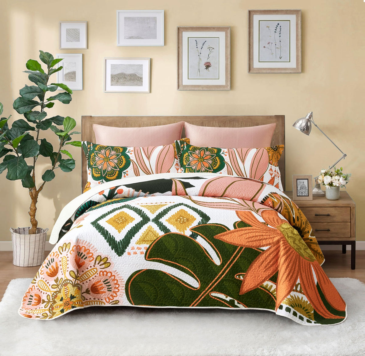 Tyrot 3 Piece Boho Floral Full/Queen Quilt Sets Farmhouse Botanical Reversible Lightweight Bedspread Coverlet With 2 Shams Mid C