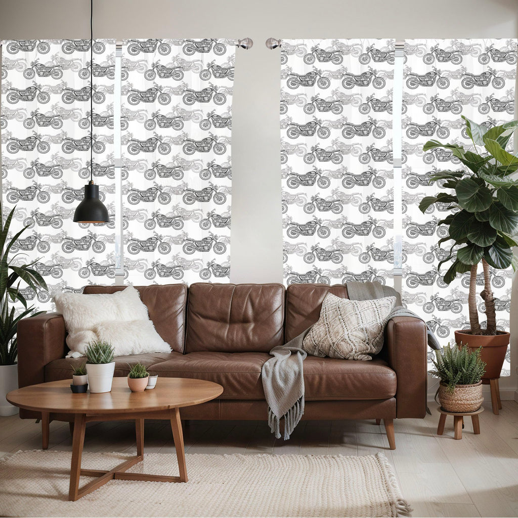 Ambesonne Motorcycle Window Curtains Pack Of 2, Realistic Grayscale Illustration Of Classic Motorcycles Many Details, Lightweigh