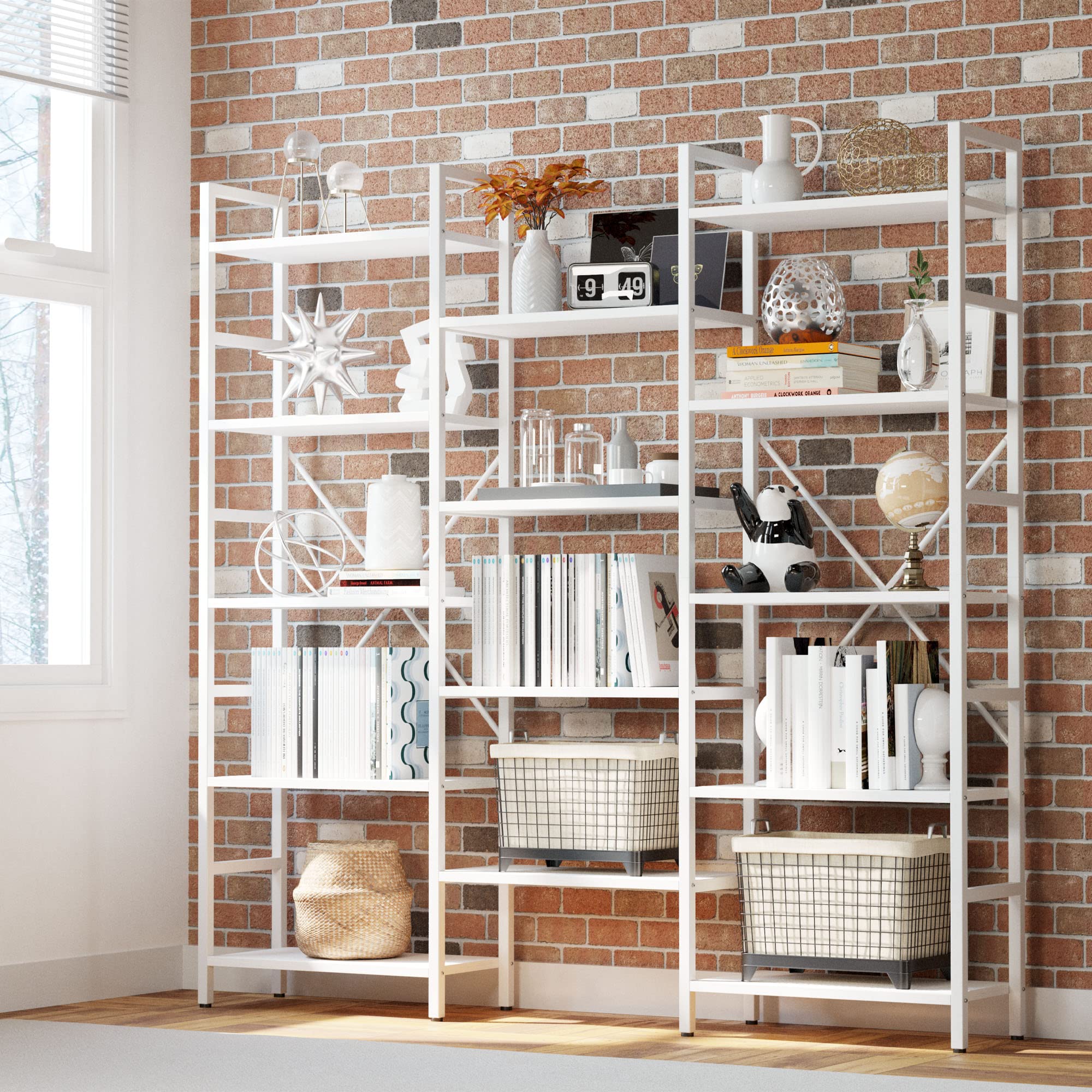 Ironck Bookcases And Bookshelves Triple Wide 5 Tiers Industrial Bookshelf, Large Etagere Bookshelf Open Display Shelves With Metal Frame