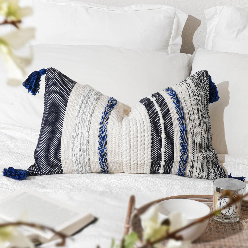 Blissblush Decorative Lumbar Throw Pillow Cover 14X24 Boho Dark Blue Accent Cushion For Couch Sofa Farmhouse Pillowcase For Bedr