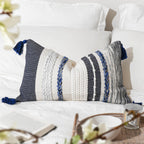 Blissblush Decorative Lumbar Throw Pillow Cover 14X24 Boho Dark Blue Accent Cushion For Couch Sofa Farmhouse Pillowcase For Bedr