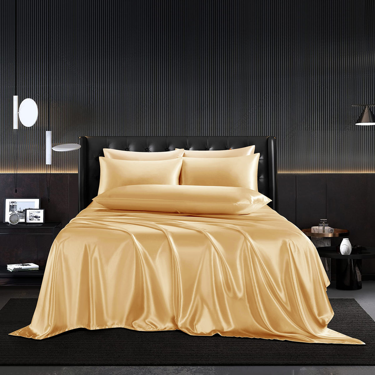 Hommxjf 5Pcs Gold Silky Satin Sheets Queen Satin Sheets Set Queen Size Sheets Silky Comforter Bedding Sheets With 1 Satin Flat S