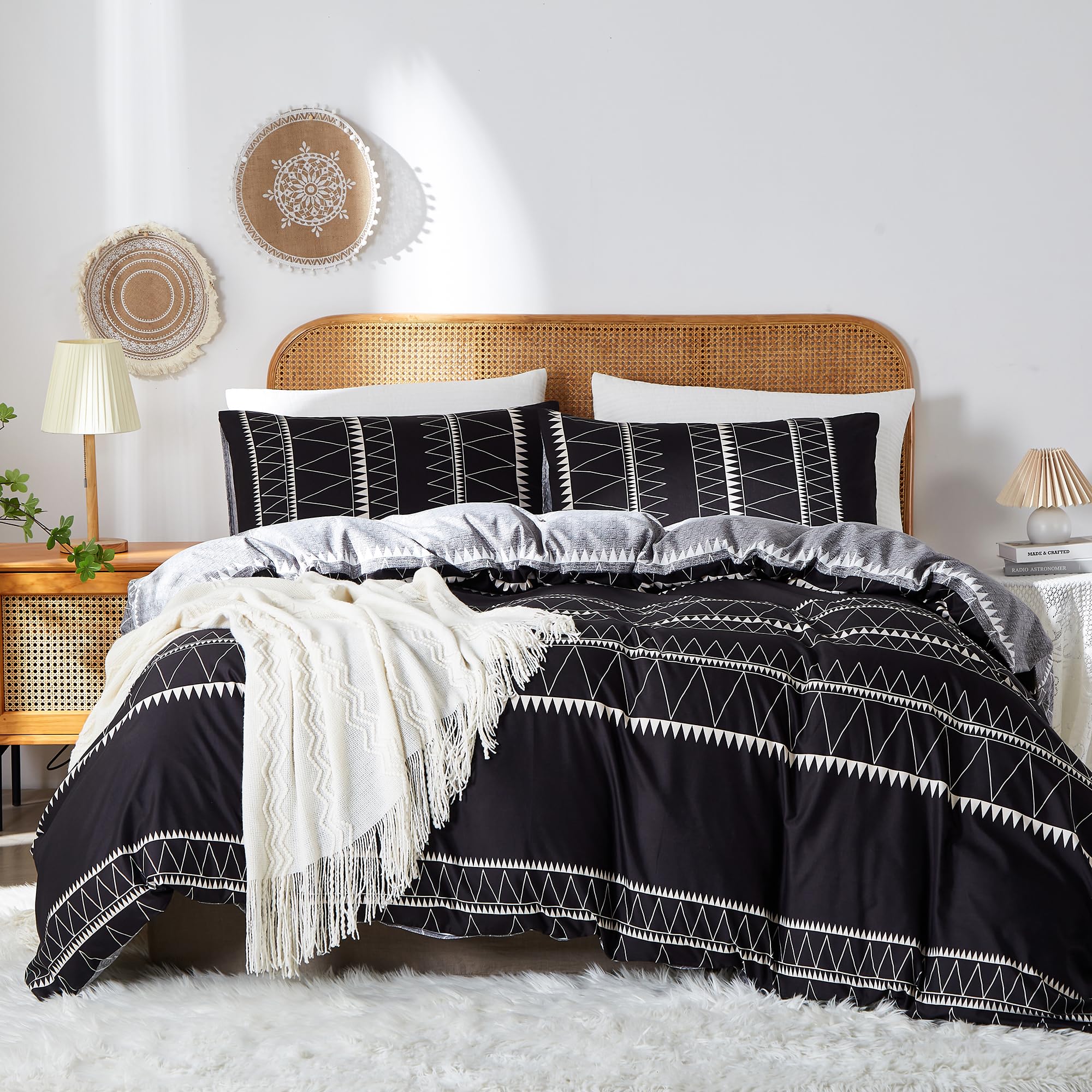 Bolinliving Duvet Cover Queen Size Set, Black Boho Duvet Cover Set, Soft Comforter Cover, Bedding Duvet Cover With Zipper Closur