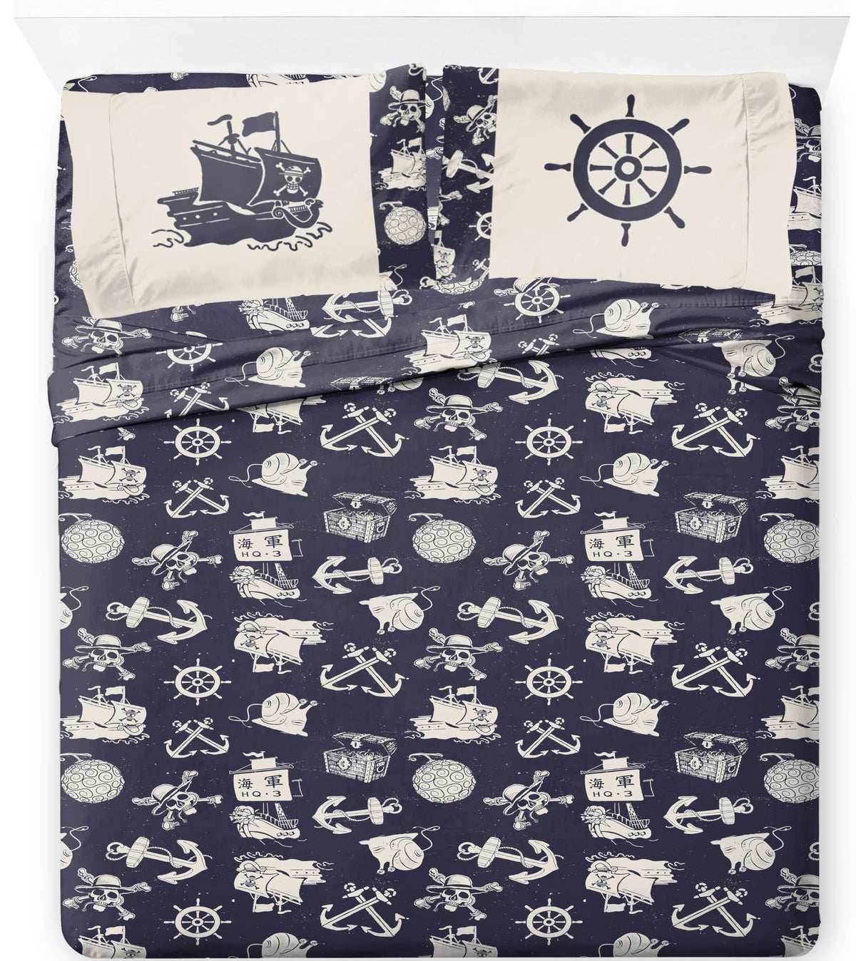 Jay Franco One Piece Queen Size Sheet Set  4 Piece Anime Nautical Bedding Set Includes Pillow Cover  Super Soft Blue Microfibe