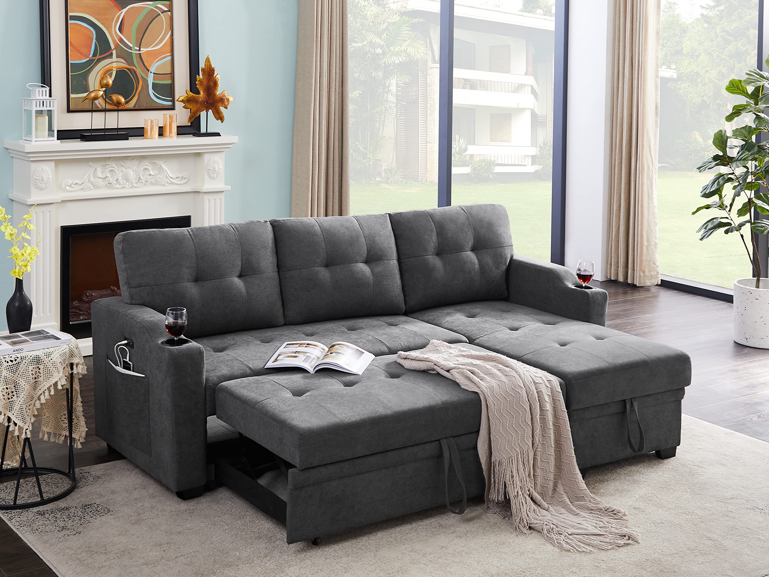 Lilola Home Mabel Dark Gray Woven Fabric Sleeper Sectional with cupholder, USB Charging Port and Pocket