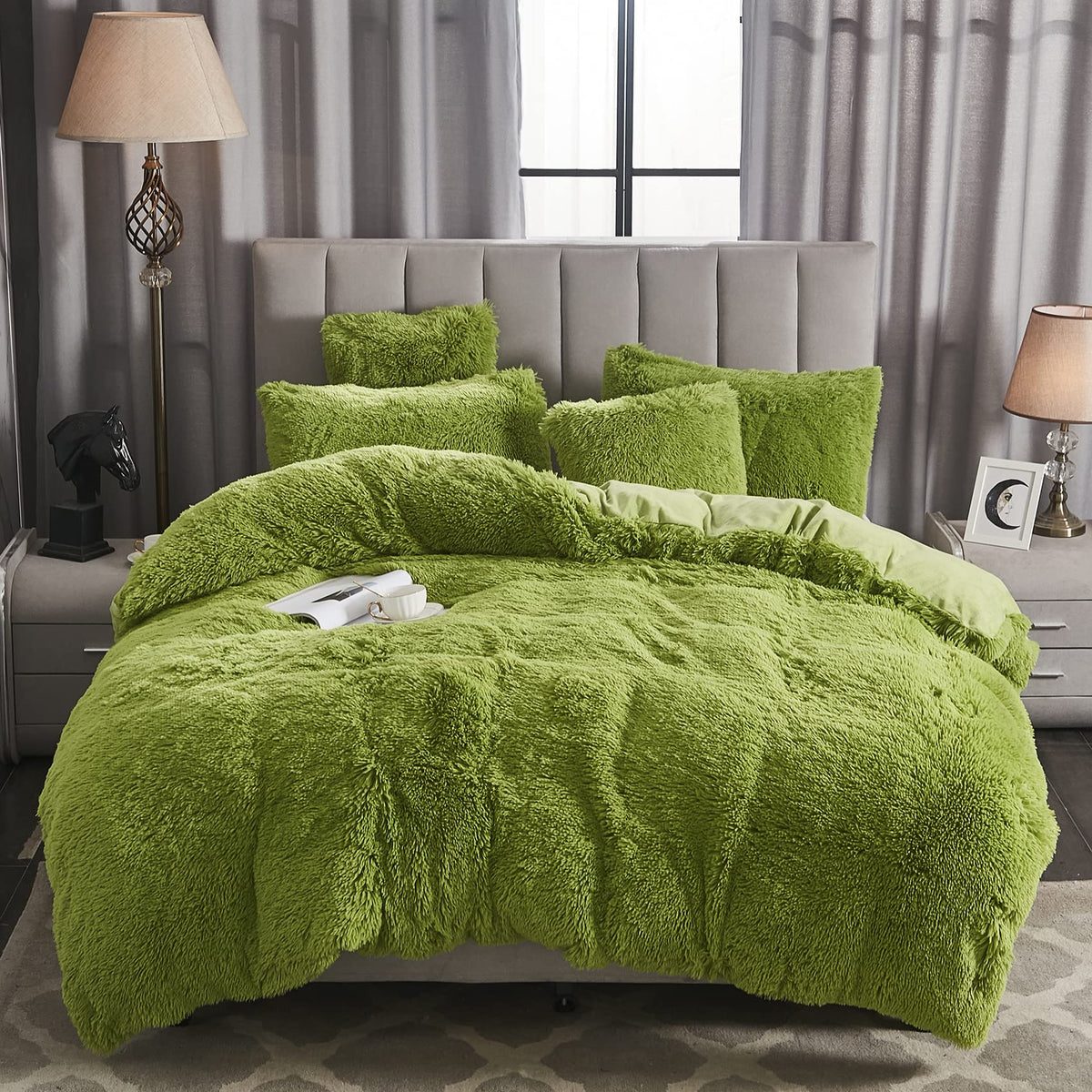 Werdim Shaggy Fluffy Faux Fur Duvet Cover Set Button Closure Velvety Bedding Set Comforter Cover With Pillowcases Apple Green, T