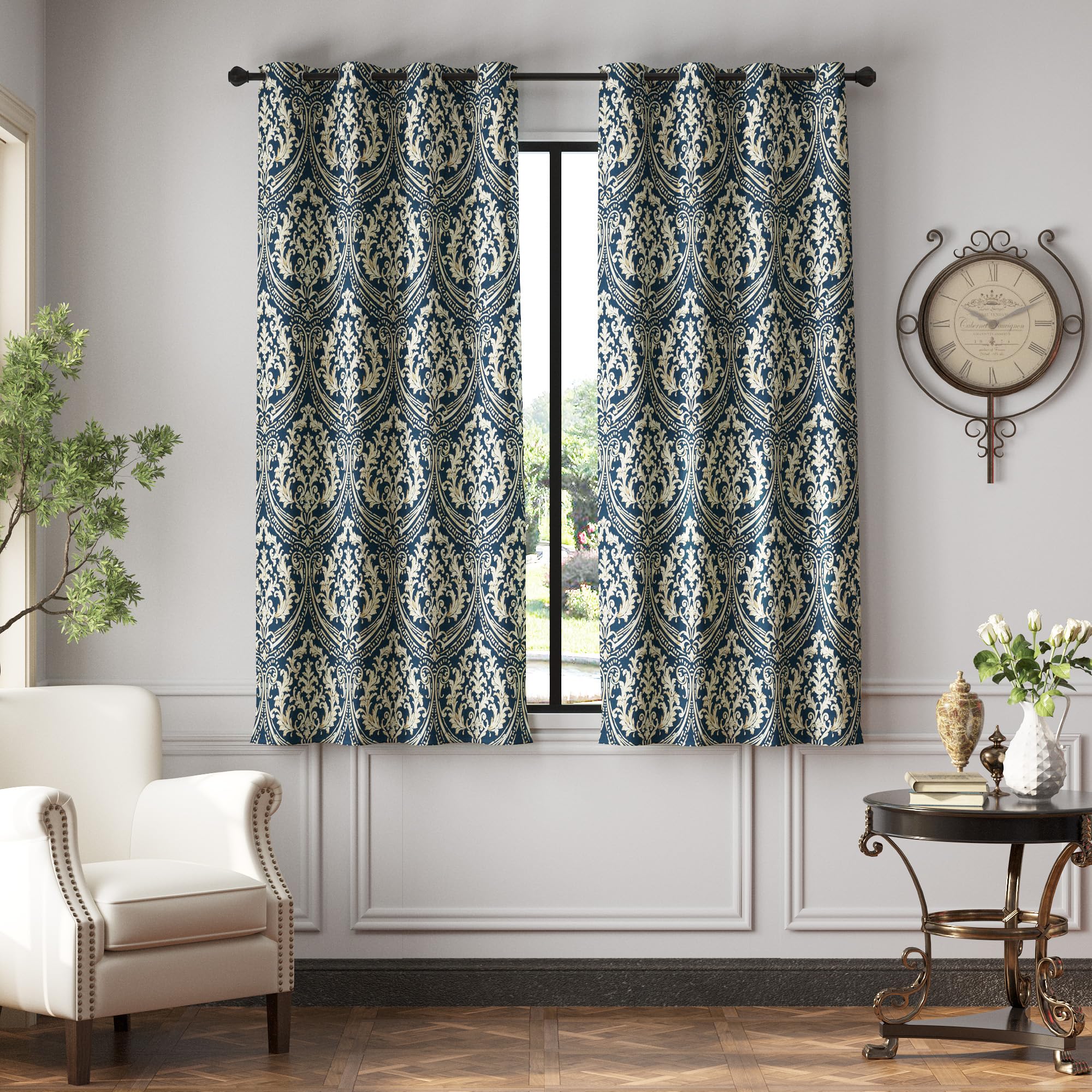 Jinchan 100% Blackout Curtains For Bedroom, Blue Damask Patterned Curtains 63 Inch Length For Living Room, Vintage Medallion Art Deco Drapes, Thermal Insulated Grommet Window Treatments, 2 Panels Blue