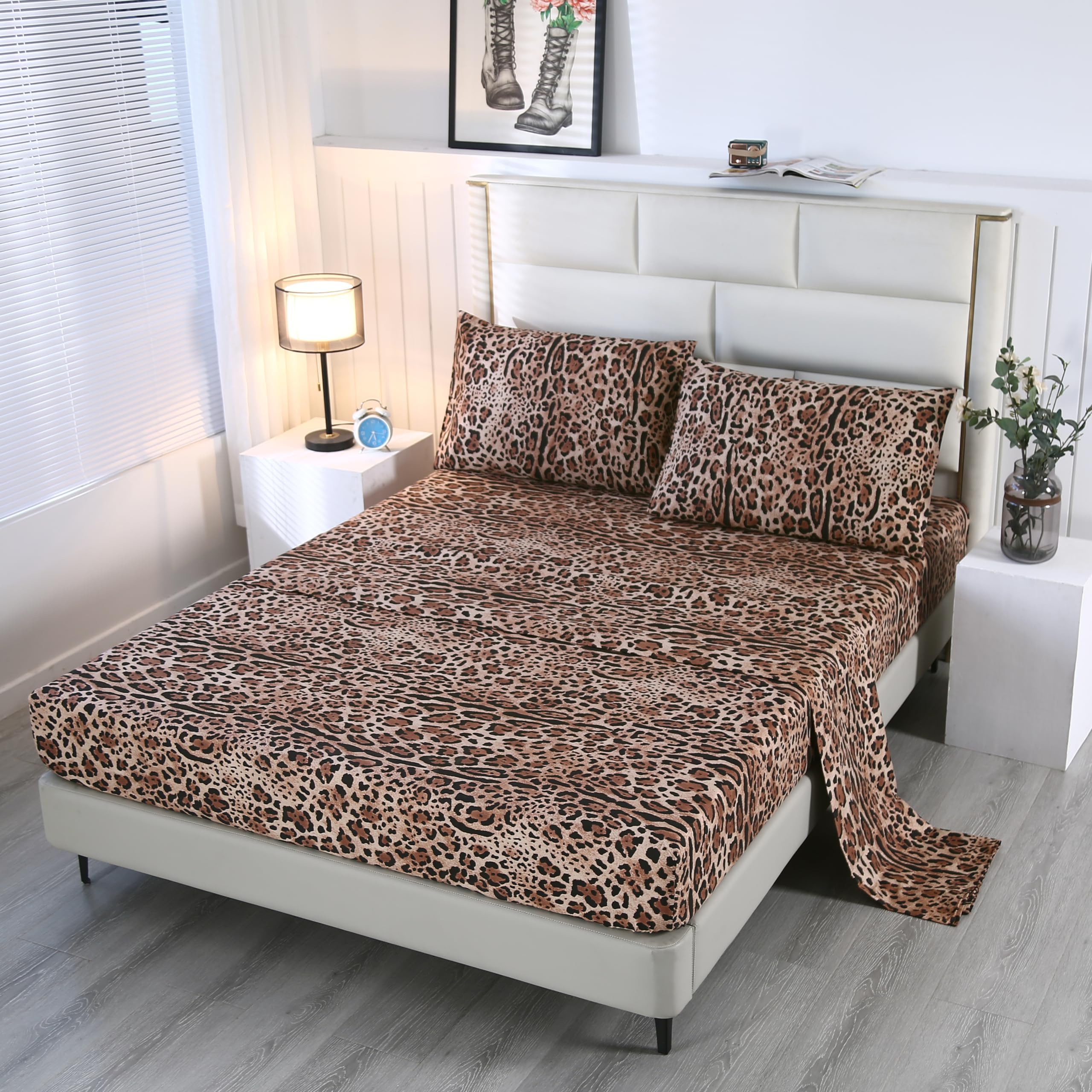 SDY 4PCS Leopard Bedding Sheets Queen Size Leopard Print Sheet Set Included 1 Fitted Sheet with 14'' Deep Pocket + 1 Top Flat Sh